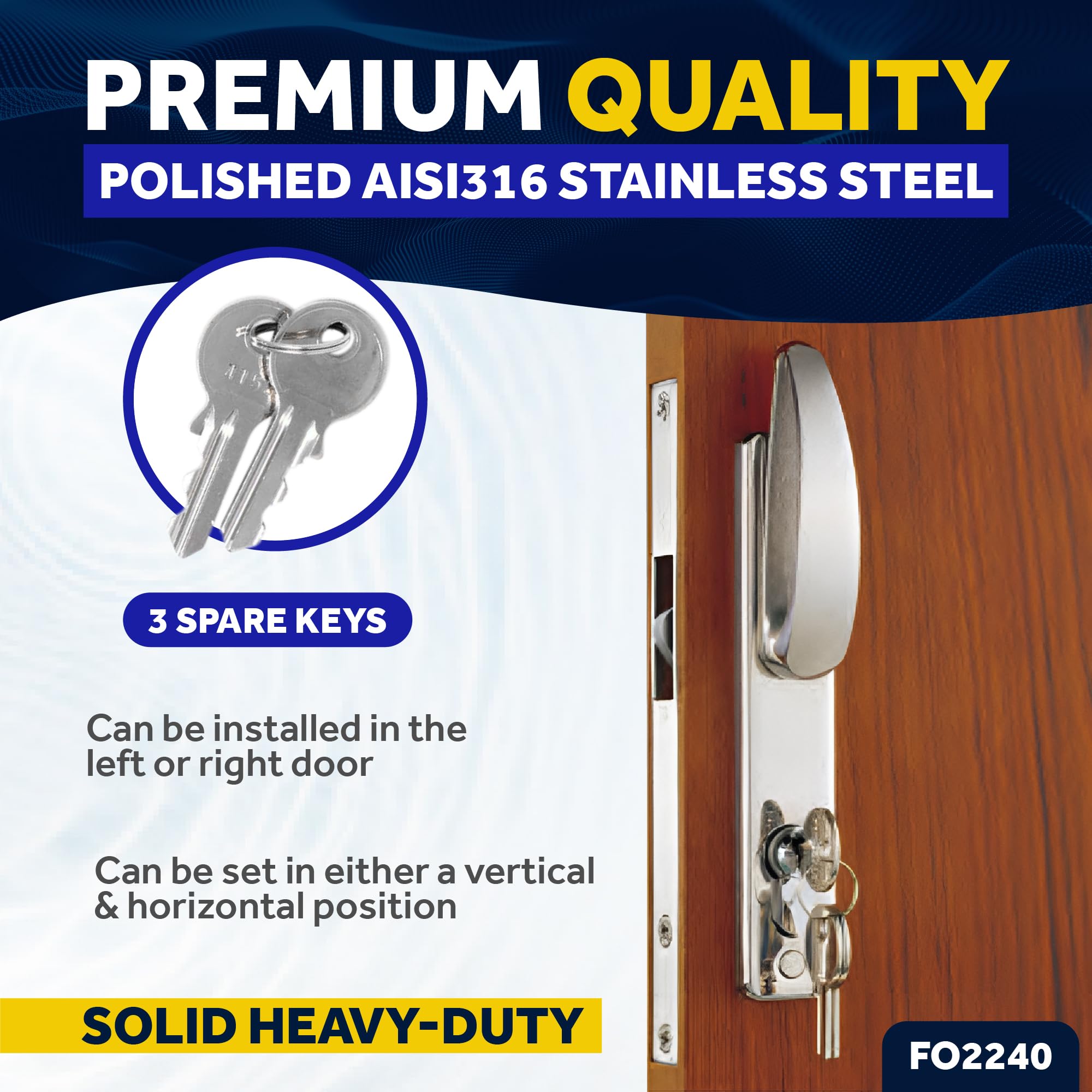 Five Oceans Heavy-Duty Stainless Steel Mortise Lock Set FO2240 - Marine Grade Door Handle with 3 Keys for Interior & Exterior Doors | Perfect for Boats, Kayaks, and Home Security