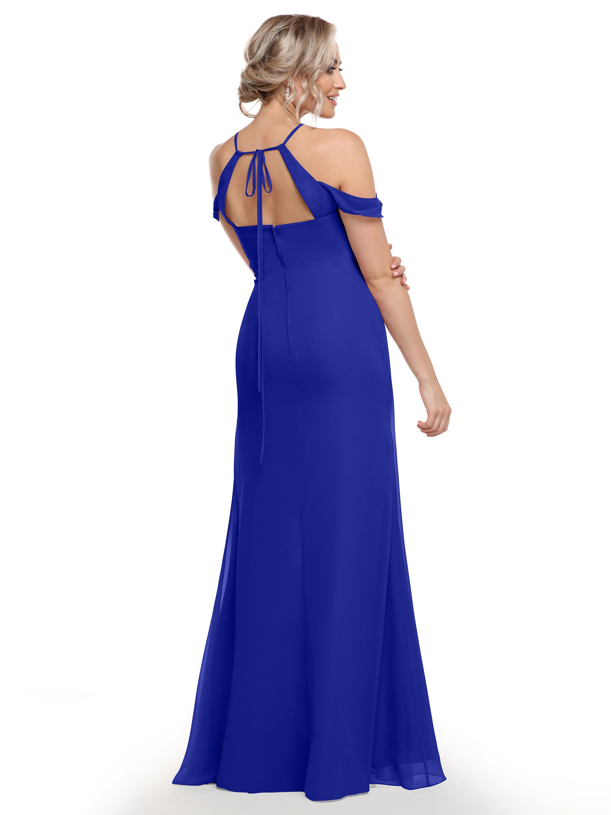 Elegant Off The Shoulder Chiffon Bridesmaid Dress with Halter Neckline - Perfect for Weddings, Formal Events & Special Occasions