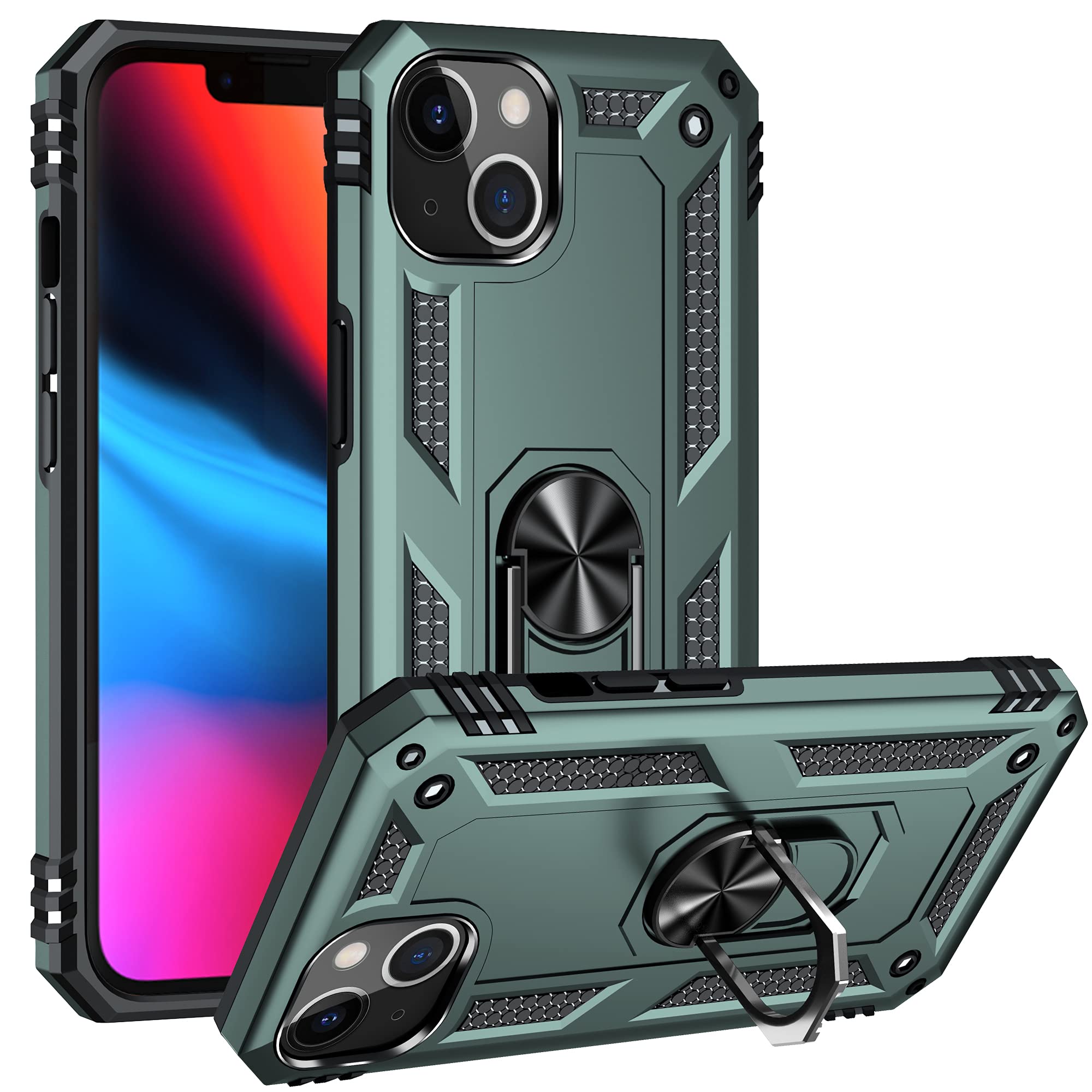 **Korecase Heavy Duty Rugged iPhone 13 Case - Shockproof, Scratch Resistant, Full Body Protection with Built-in 360° Ring Kickstand & Military-Grade Hard Cover (Green) - Perfect for Outdoor, Work, and Daily Use**