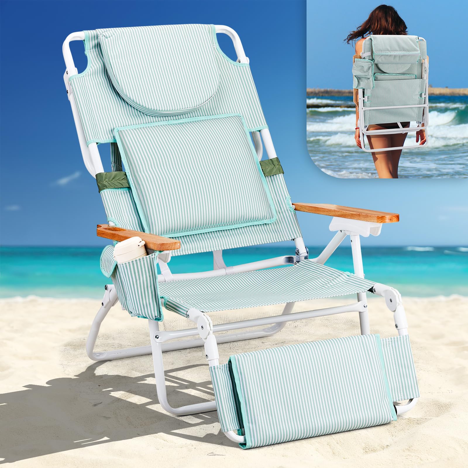 VINGLI Deluxe 3-in-1 Beach Chair with Face Hole - Portable Reclining Lounge Chair with Footrest, Cup Holder & Storage Bag - Perfect for Beach, Poolside, Camping & Backyard Relaxation