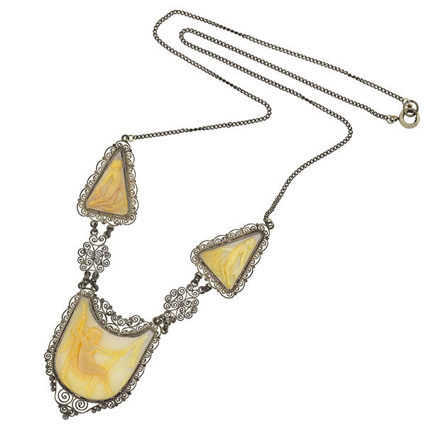 Vintage Art Deco Sterling Silver Carved Mother of Pearl Pendant Necklace - Elegant Jewelry for Women, Perfect for Weddings, Parties & Special Occasions
