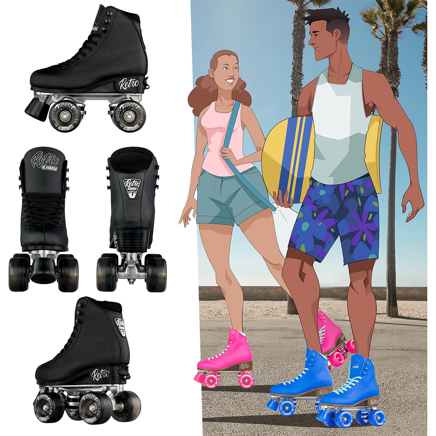 Crazy Skates Retro Roller Skates - Adjustable & Fixed Sizes for Men, Women & Kids | Classic Quad Roller Skates for Indoor & Outdoor Use | Perfect for Rink, Park & Street Skating