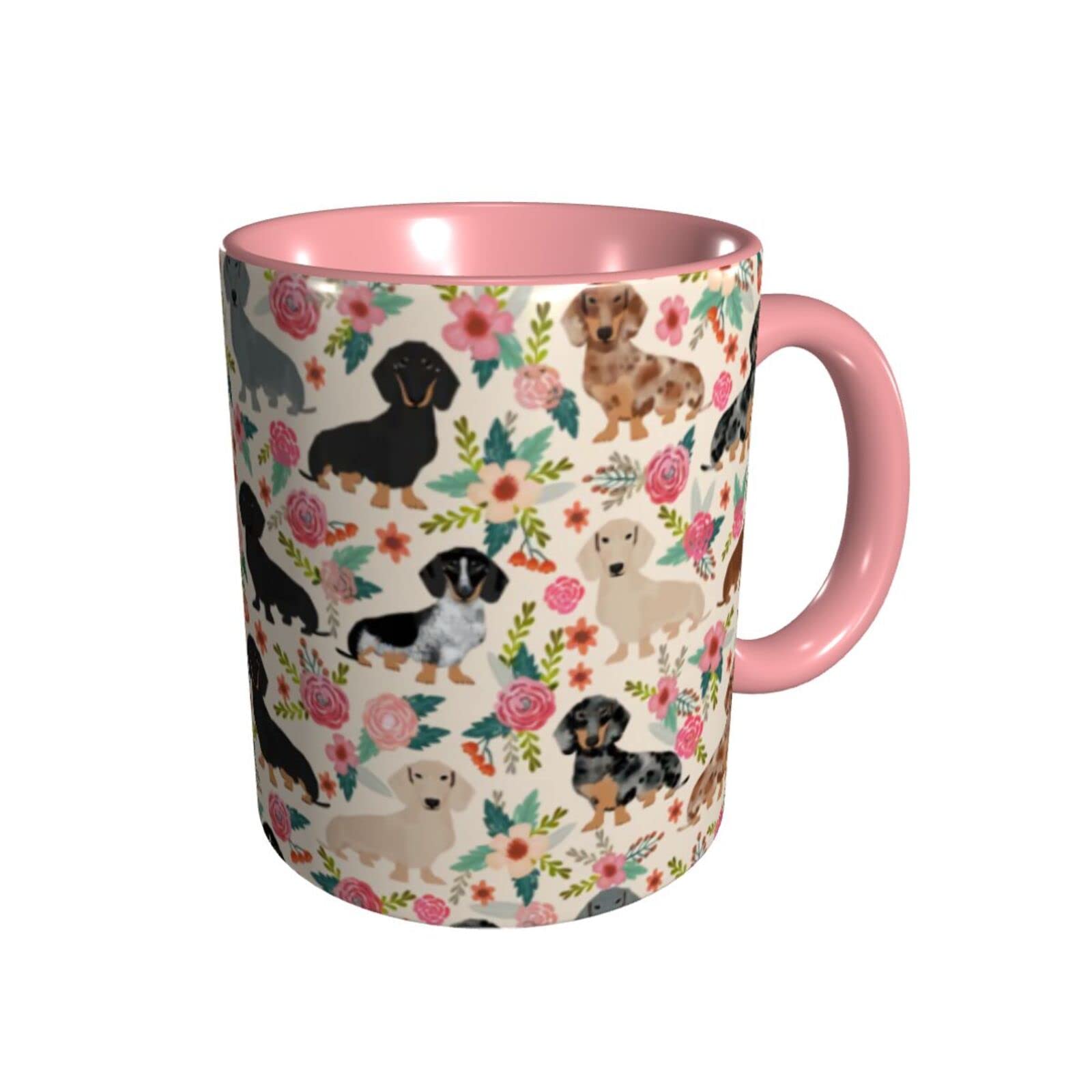 Funny Novelty Ceramic Coffee Mug with Cute Pink Dachshund Sausage Dog & Flowers Design - Microwave & Dishwasher Safe - Perfect for Gifts, Office Use & Coffee Lovers
