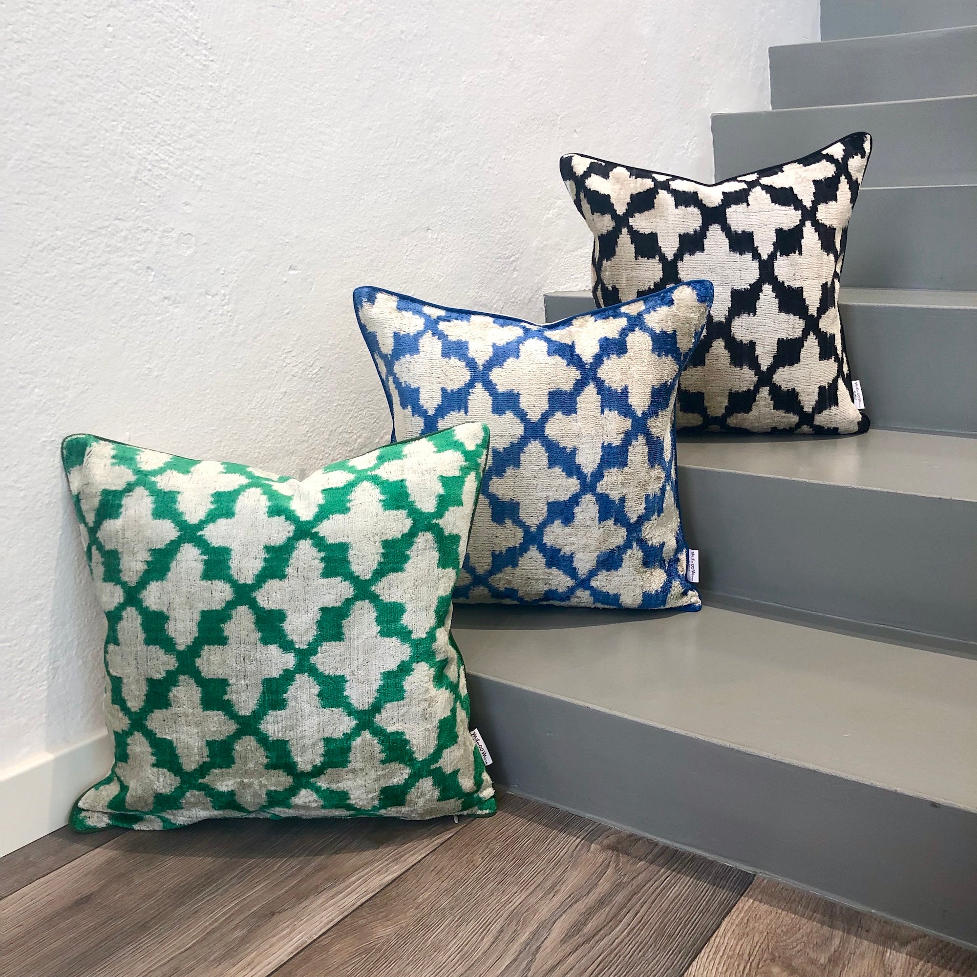 Luxury Velvet Ikat Cushion Cover with Blue Floral Pattern - Decorative Throw Pillow for Sofa, Bed & Home Decor | Perfect for Living Room, Bedroom & Nursery Accents