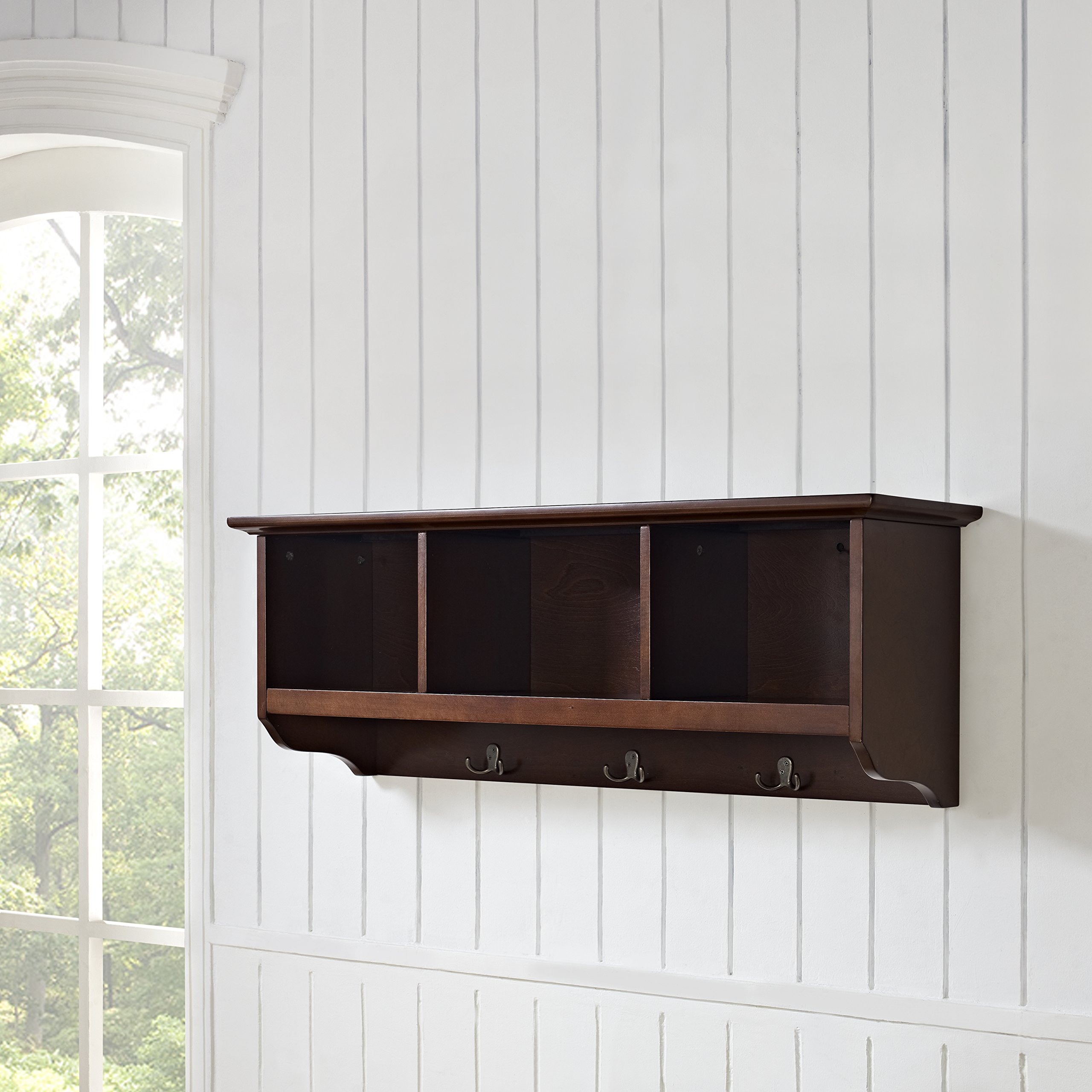 Crosley Furniture Brennan Vintage Mahogany Entryway Storage Wall Shelf with Coat Rack Hooks - Perfect for Hallway Organization & Hanging Coats, Hats & Bags