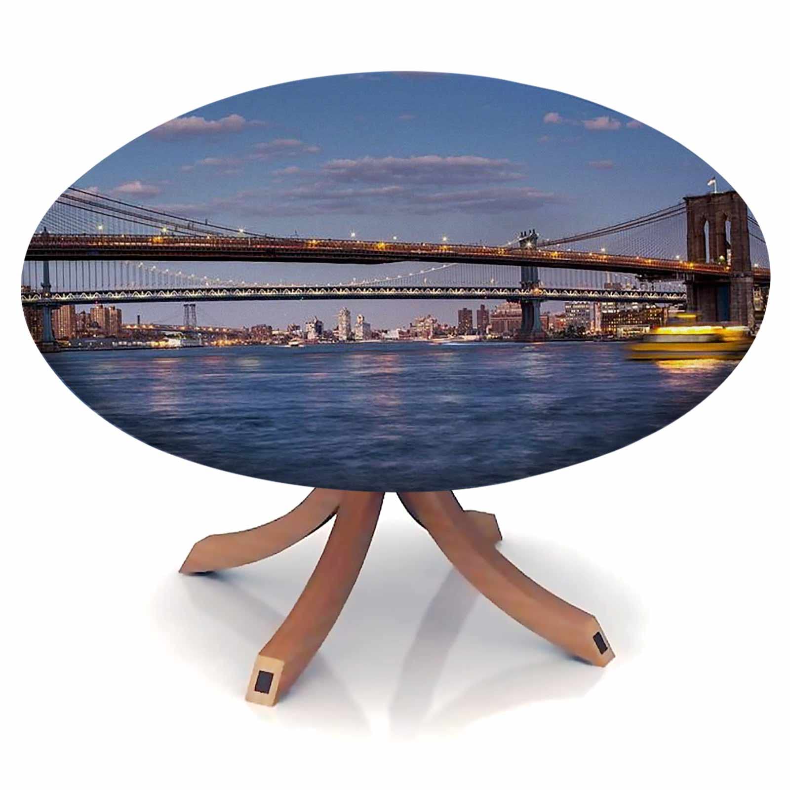 68 Inch Round Elastic Tablecloth - Polyester Kitchen Dining Table Cover Fits 56