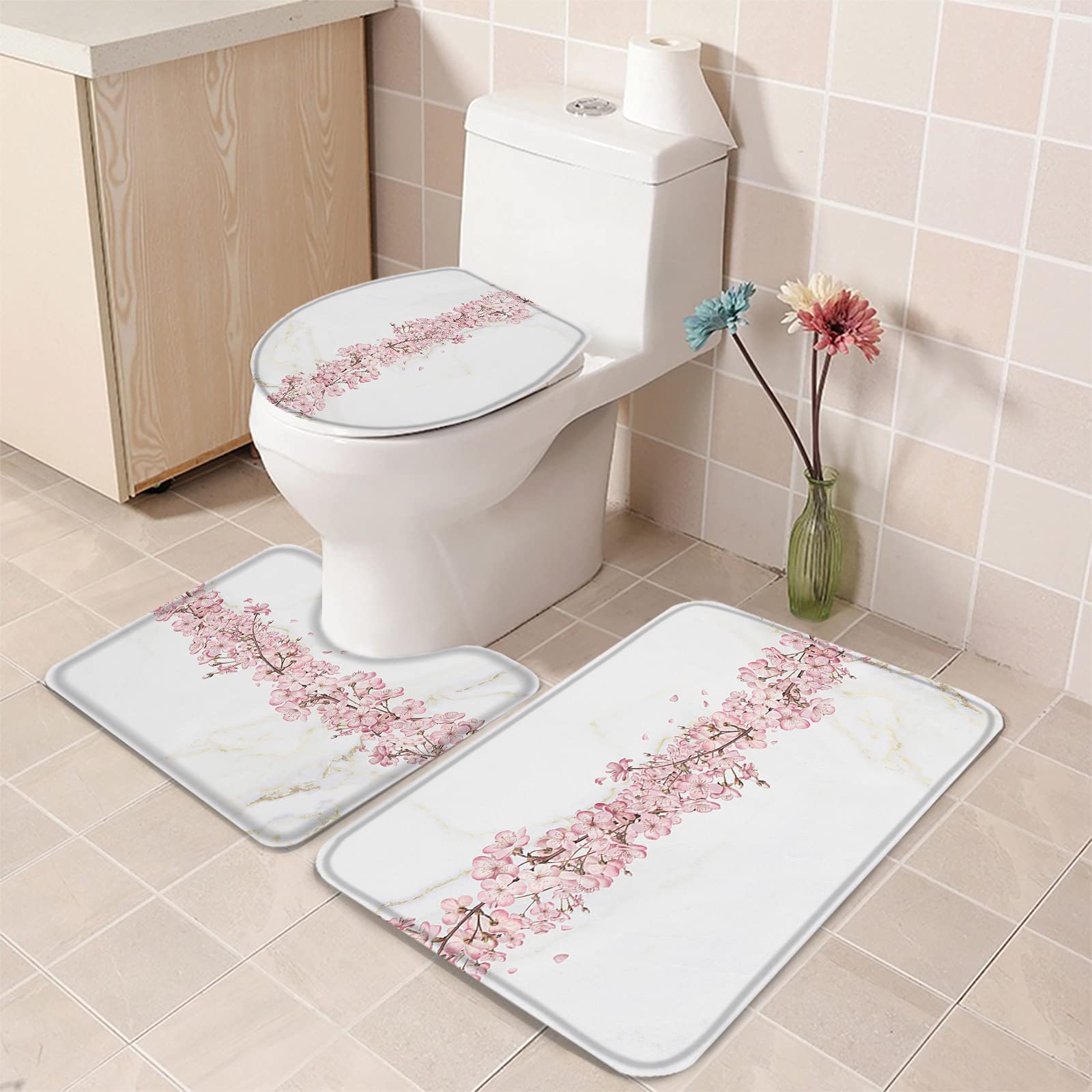3-Piece Pink Peach Blossom White Marble Bathroom Rug Set - Non-Slip Absorbent Shower Mats with Toilet Lid Cover, Soft Contour Bath Mat for Safety & Comfort - Perfect for Modern Bathrooms & Spa-Like Home Decor