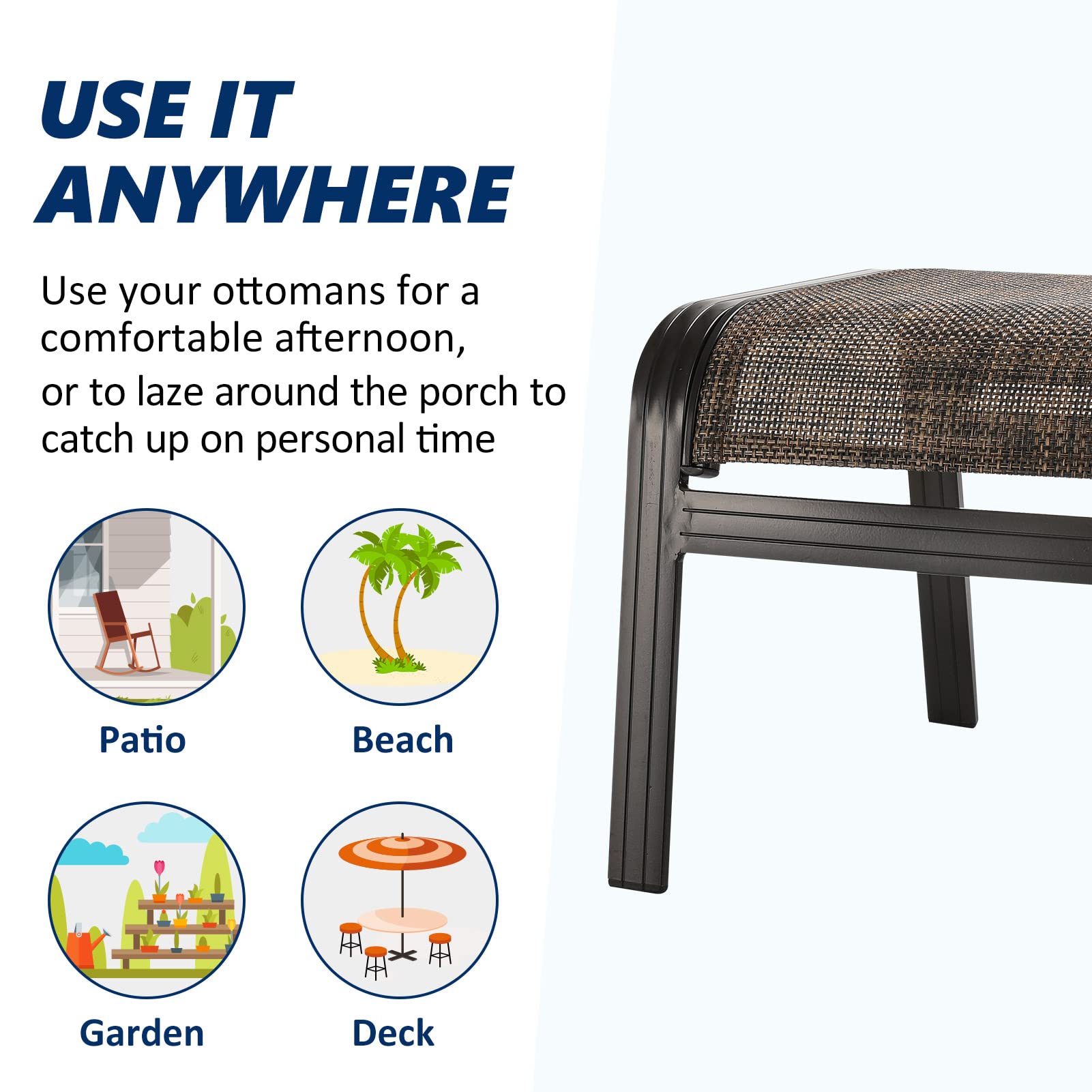 Outdoor Patio Foot Rest Ottoman - Textilene & Metal Portable Footstool - Set of 2 Brown - Perfect for Garden, Deck, Poolside & Patio Relaxation