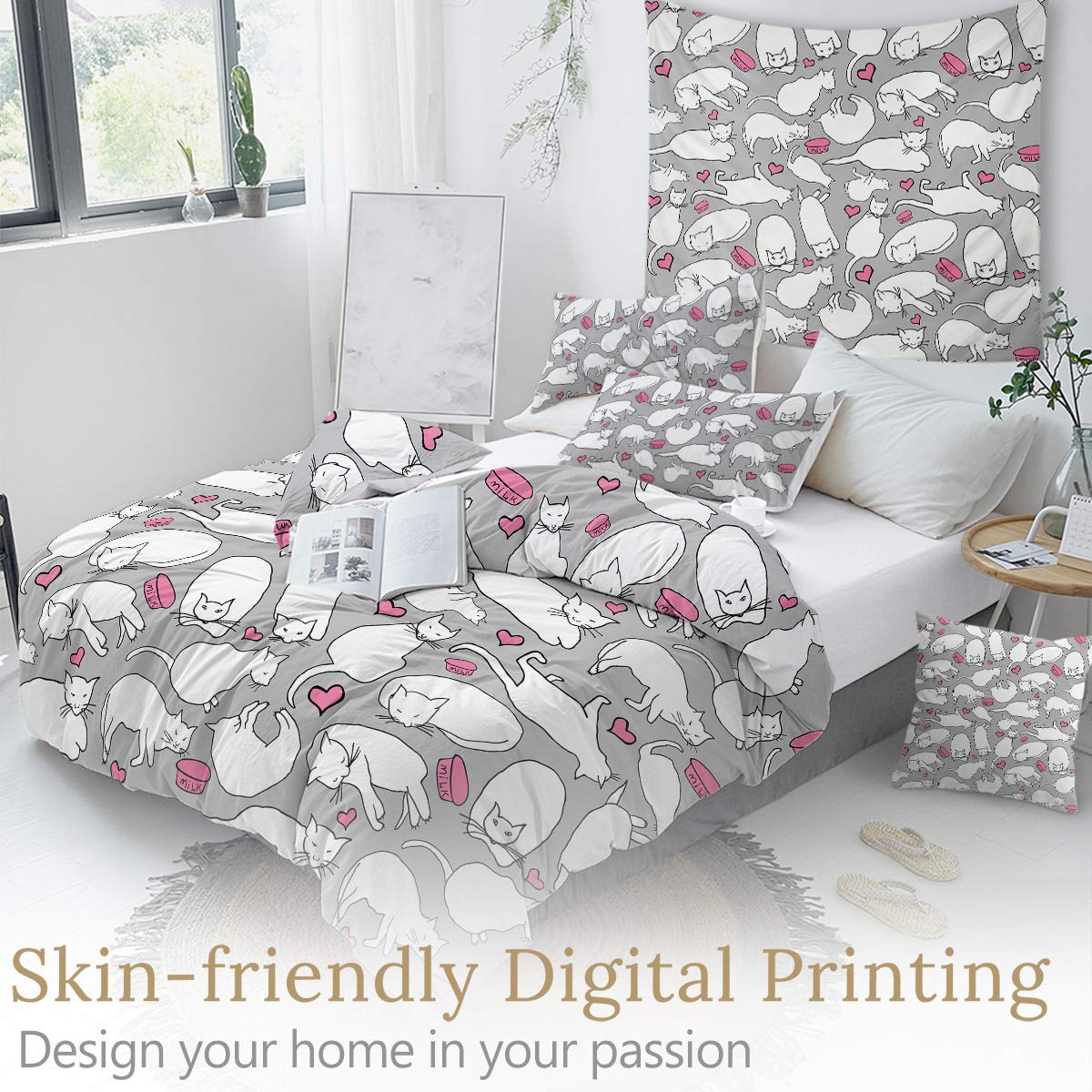 Sleepwish 3-Piece Cat Print Bedding Set for Kids - Twin Size Comforter & 2 Pillowcases (Grey Animal Pattern) - Cozy Bedroom Decor for Boys & Girls