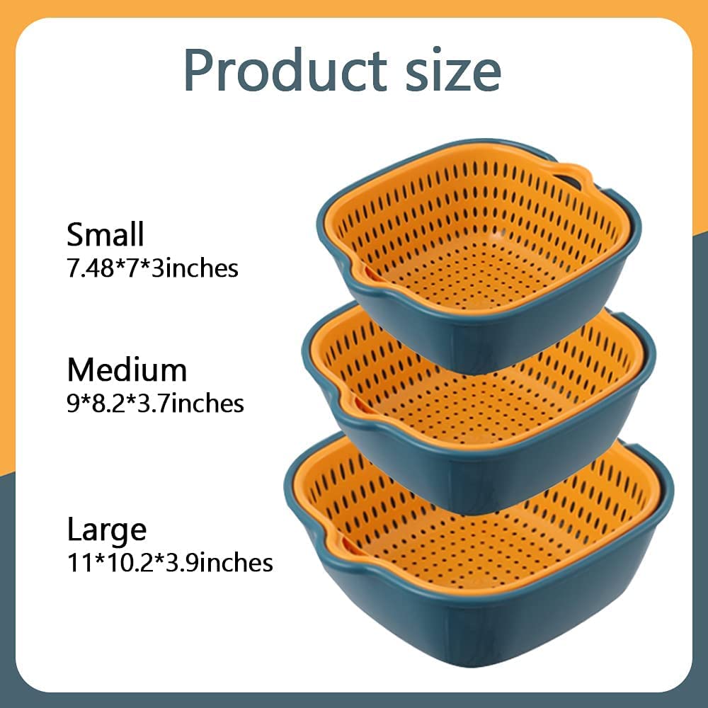 Stackable Multi-Layer Vegetable & Fruit Washing Basket Set - Kitchen Colander Strainer for Washing Produce (Blue & Yellow) - Perfect for Meal Prep, Salad Making & Organizing Fresh Fruits/Veggies