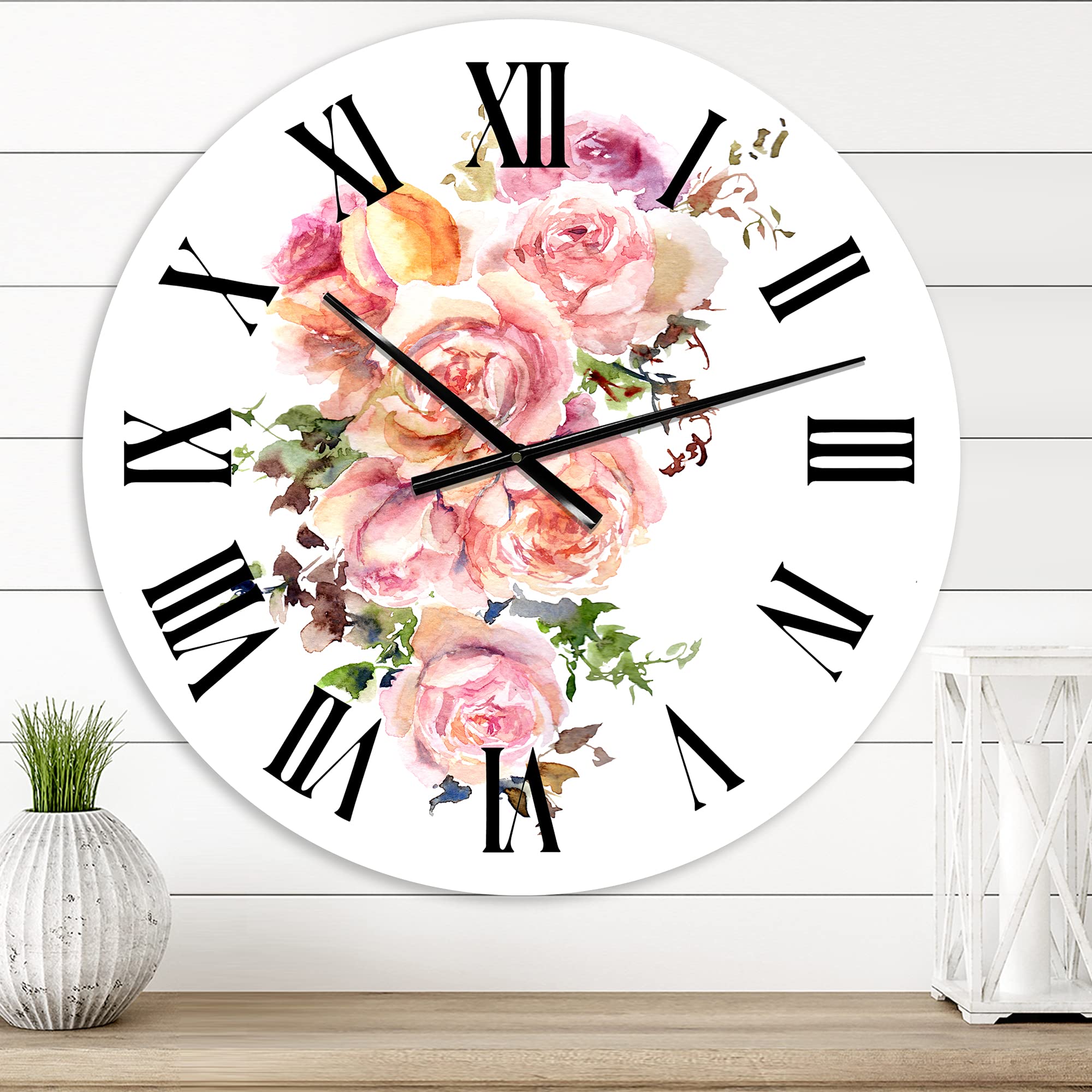 DesignQ Traditional Large Wall Clock with Roses Floral Design - Perfect for Living Room, Bedroom & Office Decor | Silent Non-Ticking Home Decoration