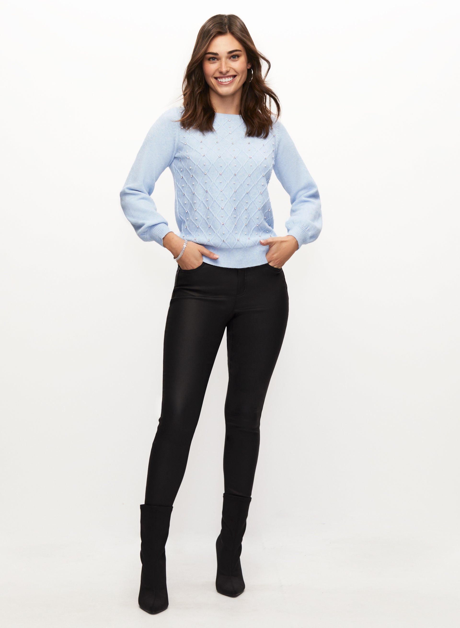 Embellished Sweater & Coated Jeans for Women - Fashionable Knit Top & Distressed Denim Pants Set - Perfect for Casual Outings, Date Nights & Fall Layering