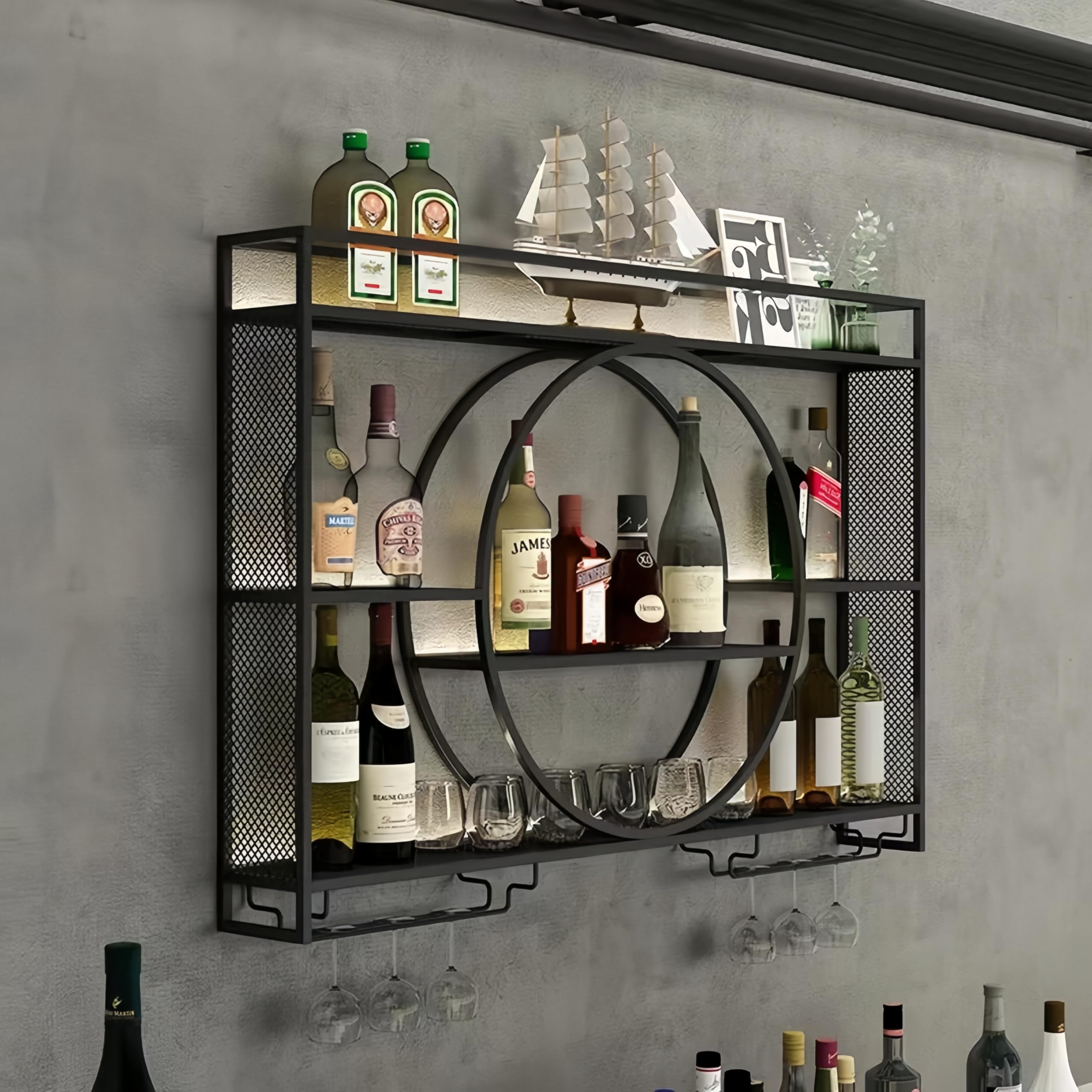 3-Tier Wall Mounted Metal Wine Rack with Glass Holder - Large Capacity Bar Shelves for Liquor Bottles - Perfect for Dining Room, Home Bar & Kitchen Decor (Black, 47 Inch) - Ideal for Wine Storage, Entertaining Guests & Space-Saving Organization