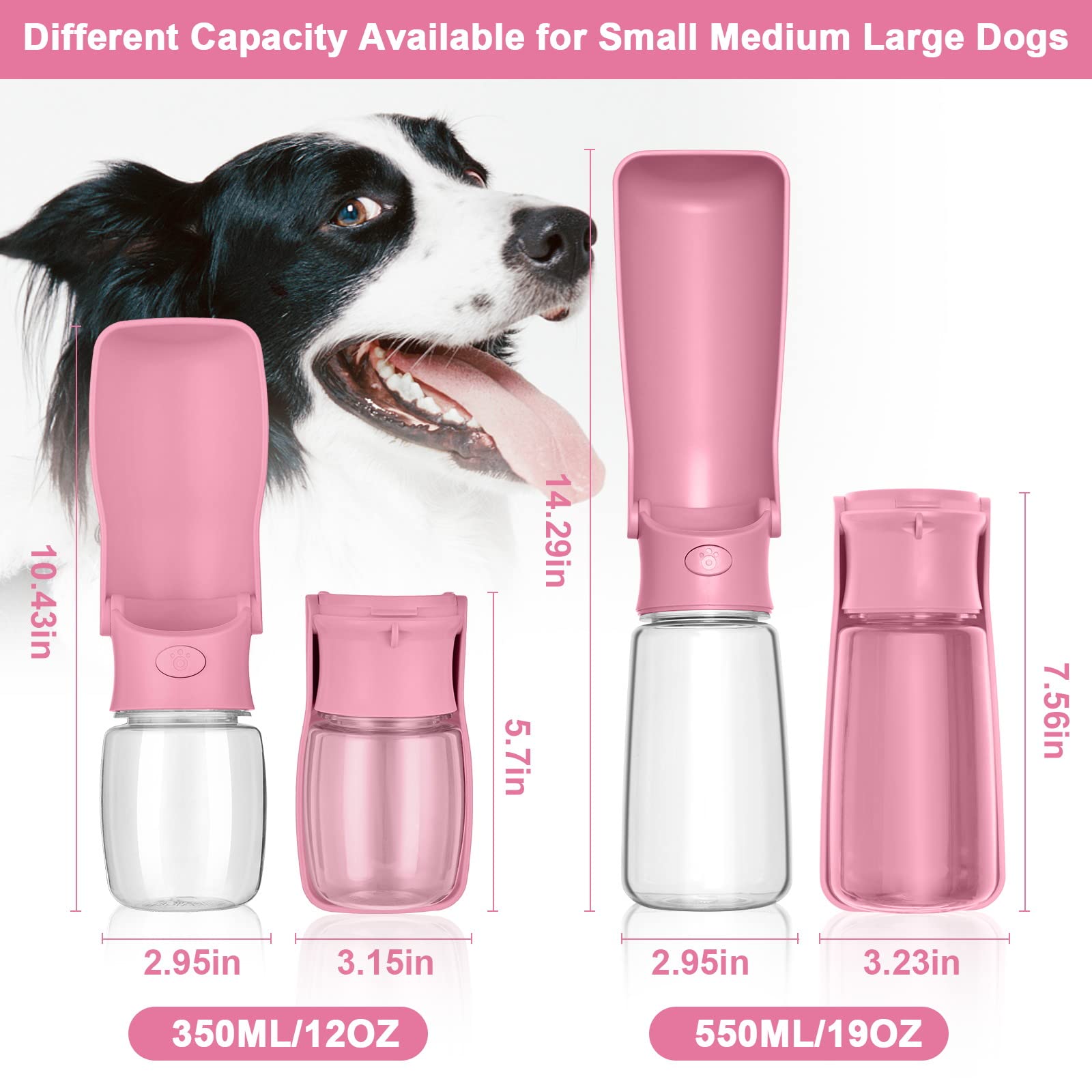 Foldable 19oz Portable Dog Water Bottle - Leak Proof & Food Grade Plastic Pet Water Dispenser for Dogs & Cats | Outdoor Walking, Hiking, Travel Accessories (Pink) | Perfect for Park Visits, Road Trips & Daily Adventures
