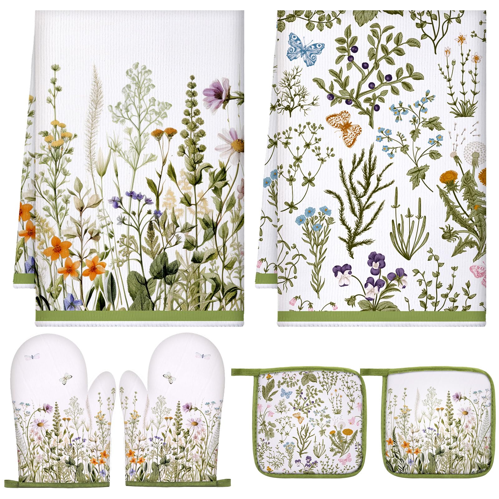 Premium 6-Piece Floral Oven Mitts & Pot Holders Set - Farmhouse Style Heat Resistant Kitchen Towels for Cooking, Baking, Grilling - Green Spring Flower Design - Perfect for Holiday Gifts & Rustic Kitchen Decor