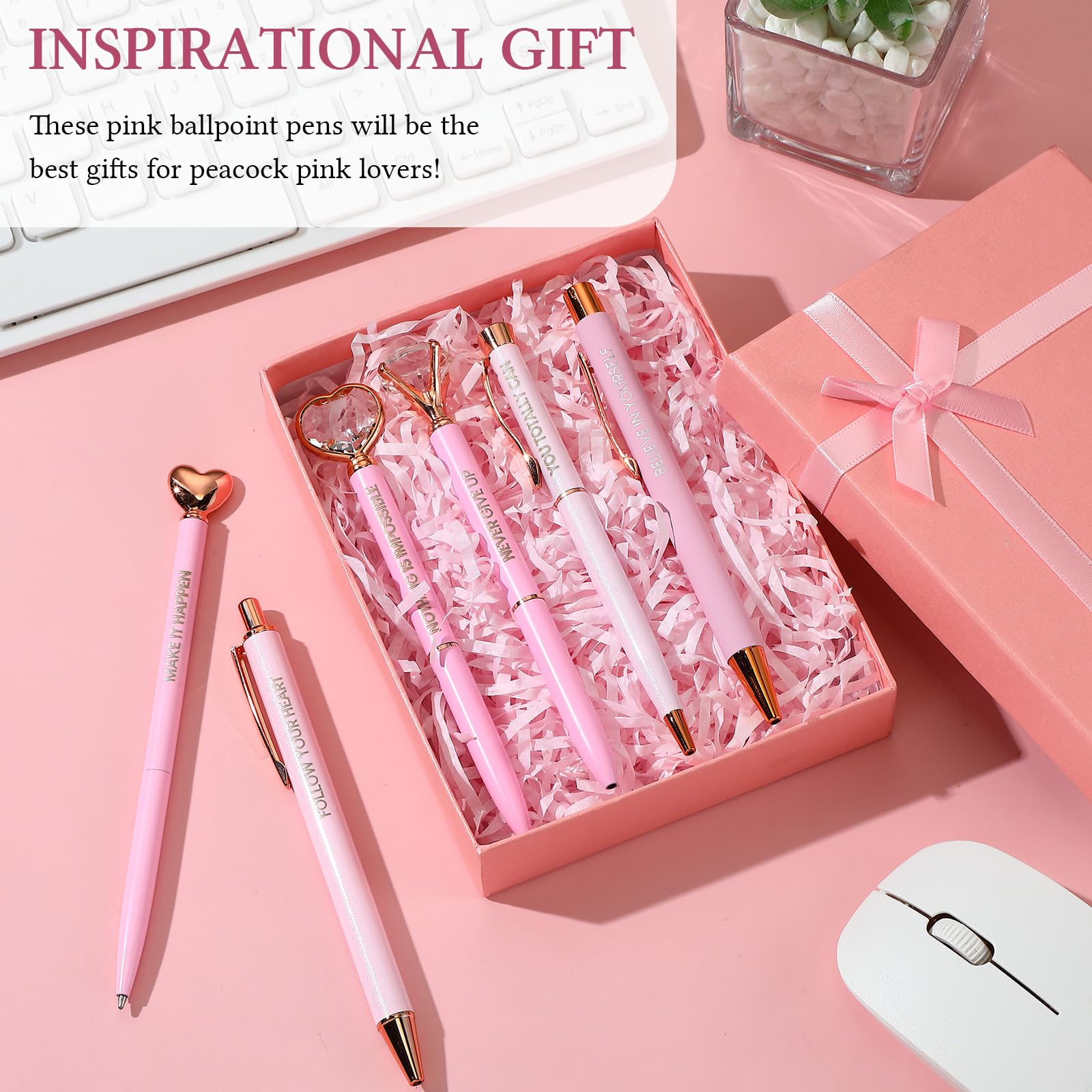 Yeaqee 6-Piece Inspirational Pen Set for Women - Diamond Ballpoint Pens with Crystal Motivational Office Supplies in Gift Box - Perfect for Nurses, Teachers, Wedding, Graduation & Mother's Day Gifts (Pink) - Ideal for Office Use, Journaling & Thoughtful Present Giving