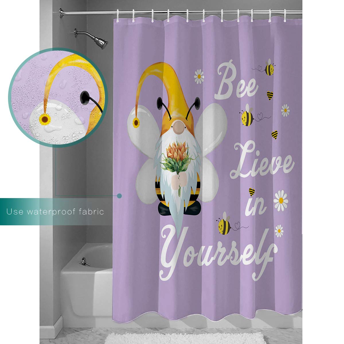 72 Inch Waterproof Polyester Shower Curtain with Hooks - Bee Gnome & Sunflower Design in Purple for Bathroom Decor | Perfect for Standard Showers and Bathtubs (72