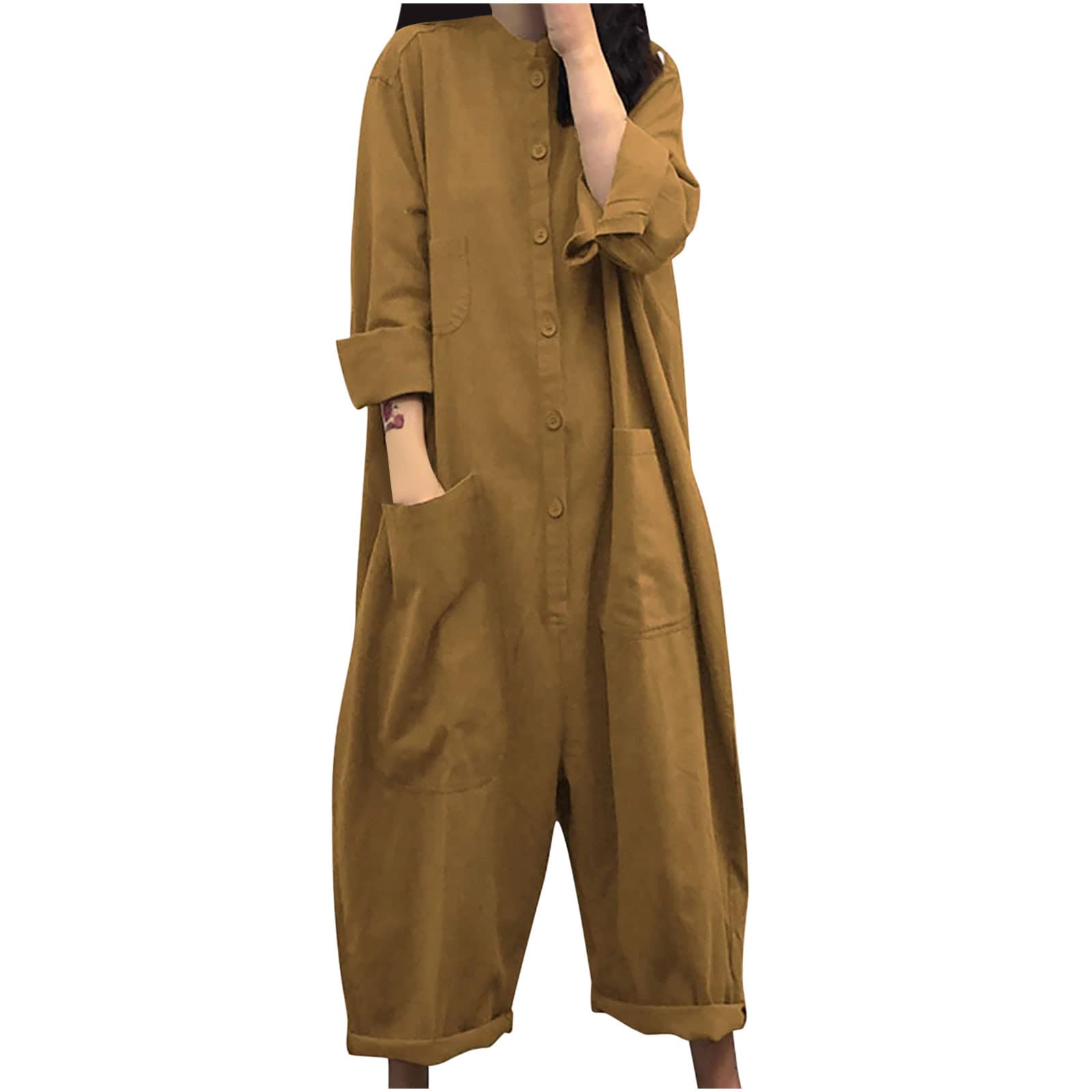 Posijego Women's Linen Cotton Jumpsuit - Loose Fit Casual Overalls with Long Sleeves & Adjustable Straps | Backless One Piece Romper for Summer, Beach, Travel & Everyday Wear