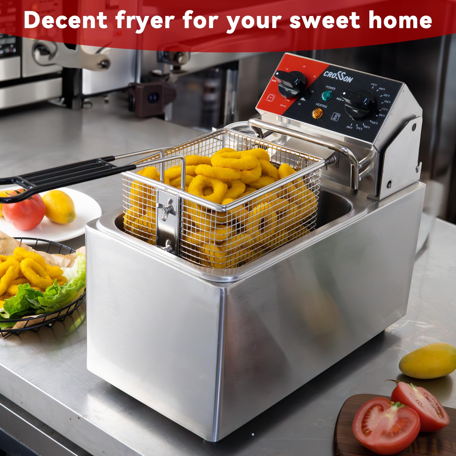 Crosson 10Lbs Electric Countertop Deep Fryer - 4.5L Capacity with Removable 304 Stainless Steel Oil Tank & Basket | Easy Clean Rotary Fryer Head, 30-Minute Timer | Perfect for Home Cooking, Restaurants & Catering - Fry Chicken, Fish, Donuts & More