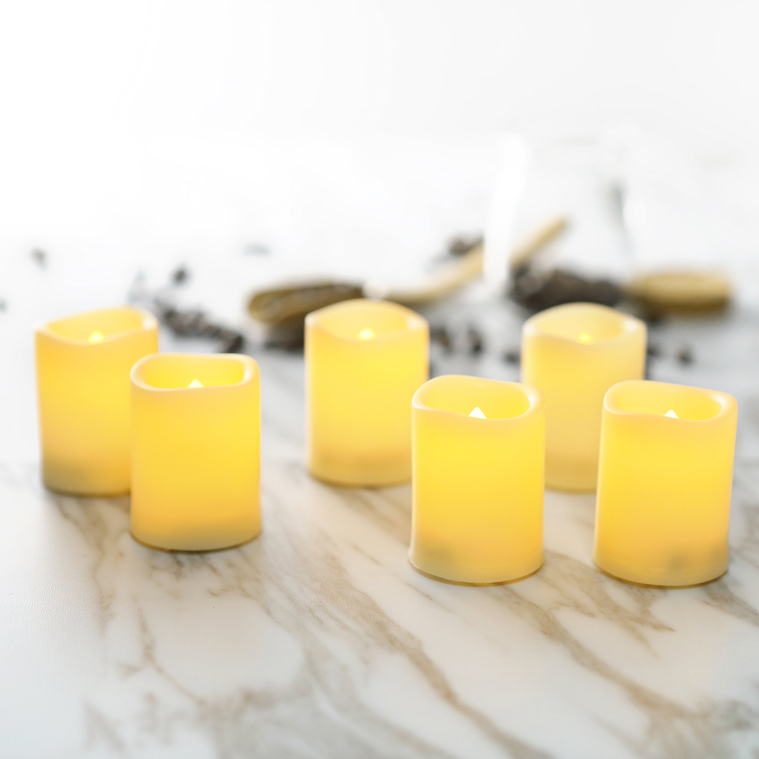 Flameless LED Battery Operated Votive Candles with Timer - 6 Pack Flickering Plastic Votive Lights for Home Decor, Wedding, Christmas, Halloween - Perfect for Centerpieces, Pumpkin Displays & Outdoor Garden Lighting (Batteries Included)