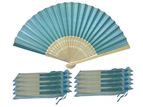 FANSOF.FANS SHF13 Deep Sky Blue Silk Fabric Hand Fan with Bamboo Ribs - Pack of 10 Wholesale Wedding Party Favors for Bridal Showers, Baby Showers & Summer Events