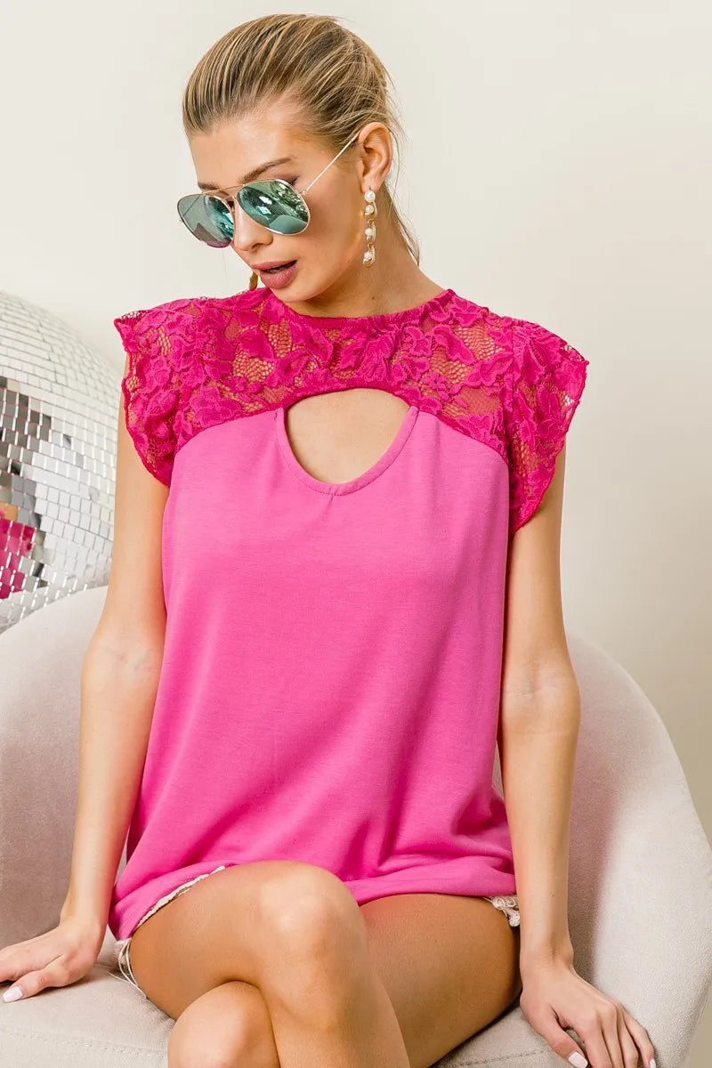 BiBi French Terry Knit Sweater with Lace Cut Out Details - Women's Fashion Top for Casual Wear & Date Nights