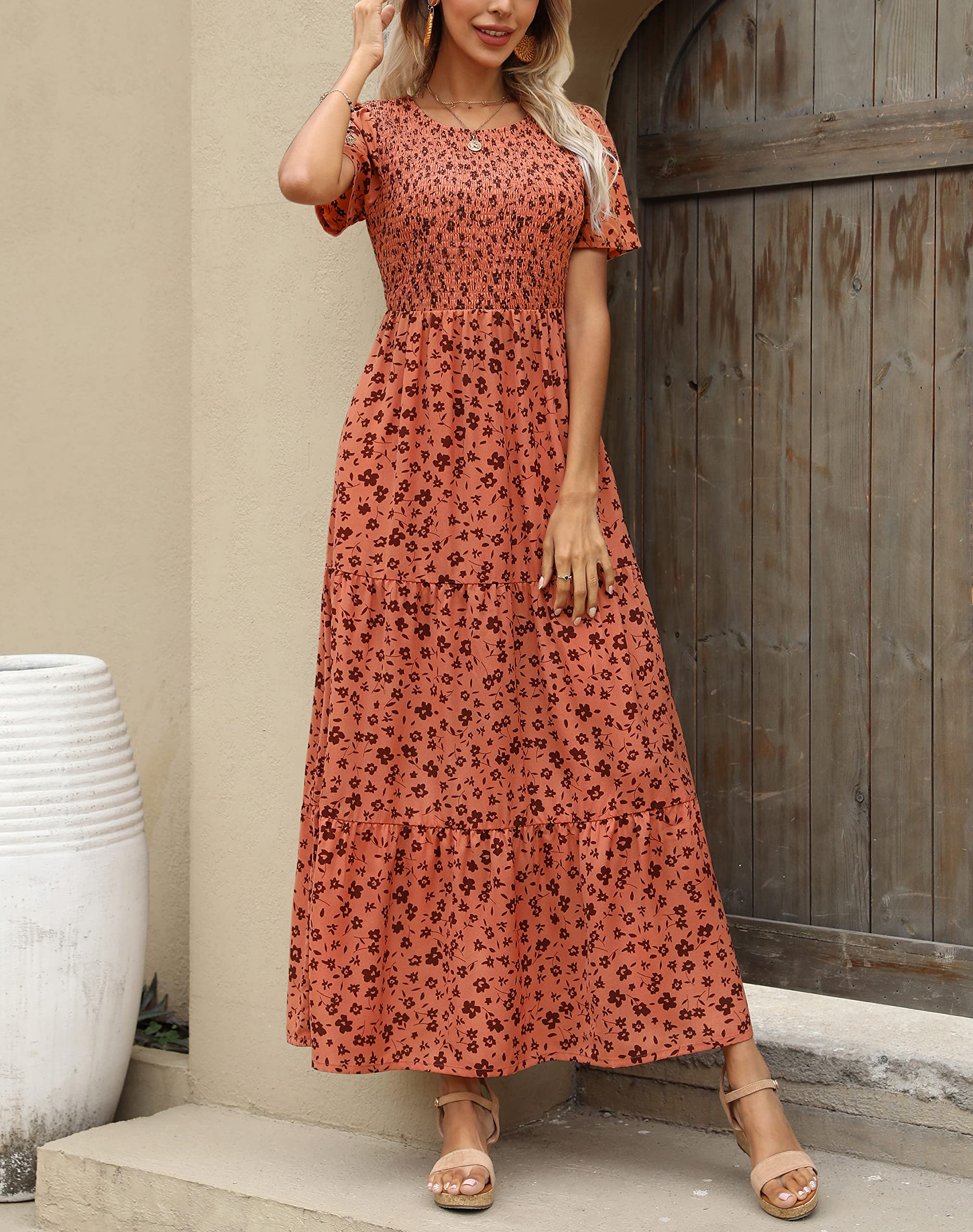 Maggeer Women's 2025 Spring Summer Smocked Wedding Guest Maxi Dress - Casual Short Sleeve Floral Boho Flowy Long Dress for Beach Parties, Garden Weddings & Vacation Getaways