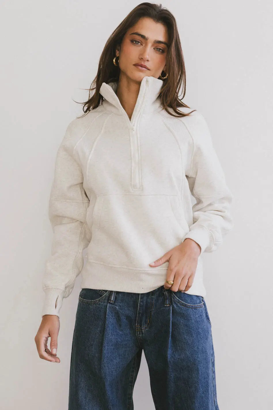 Krista Half Zip Sweatshirt in Bone - Women's Casual Pullover Fleece Top for Fall & Winter | Cozy Loungewear, Outdoor Activities & Layering