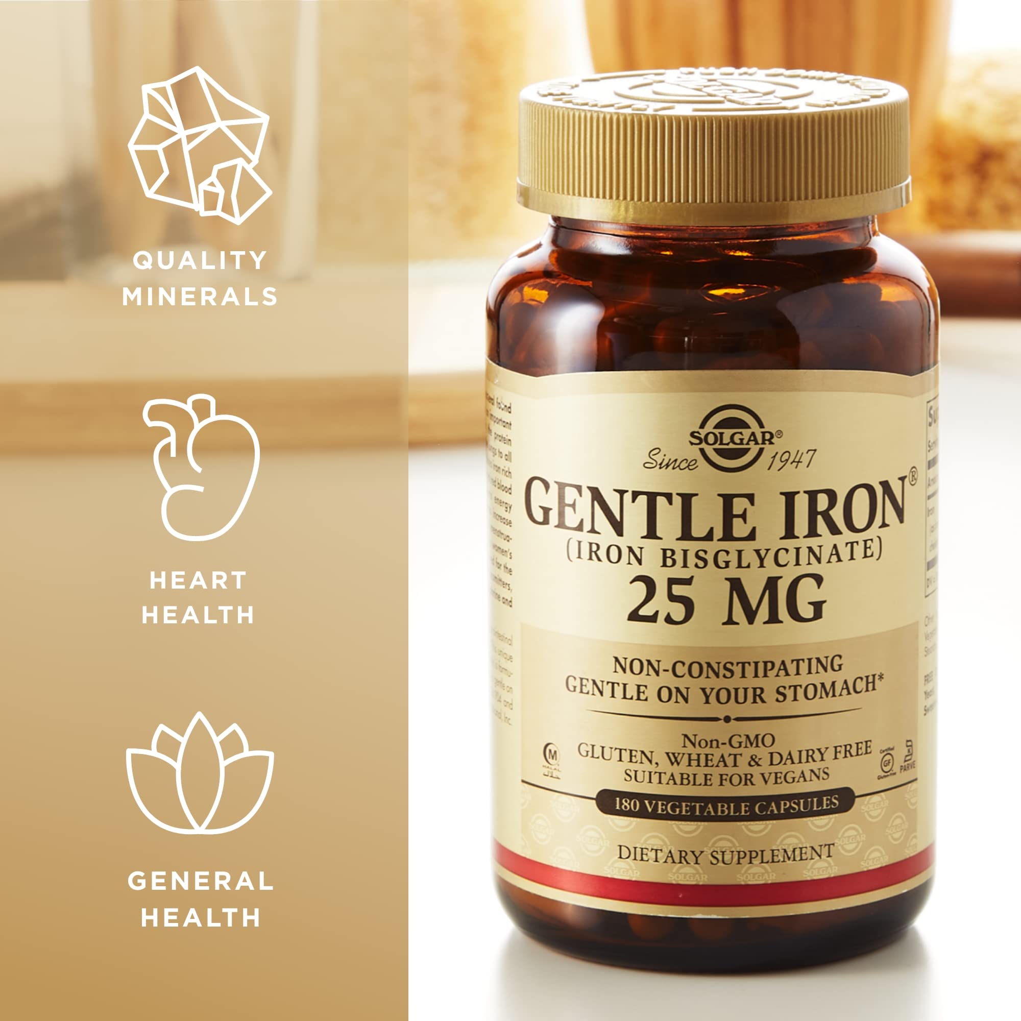 Solgar Gentle Iron (Iron Bisglycinate) 25mg - 180 Vegetarian Capsules - Non-Constipating, Stomach-Friendly Iron Supplement - Non-GMO, Gluten-Free - Supports Energy & Red Blood Cell Production - Ideal for Sensitive Stomachs & Active Lifestyles