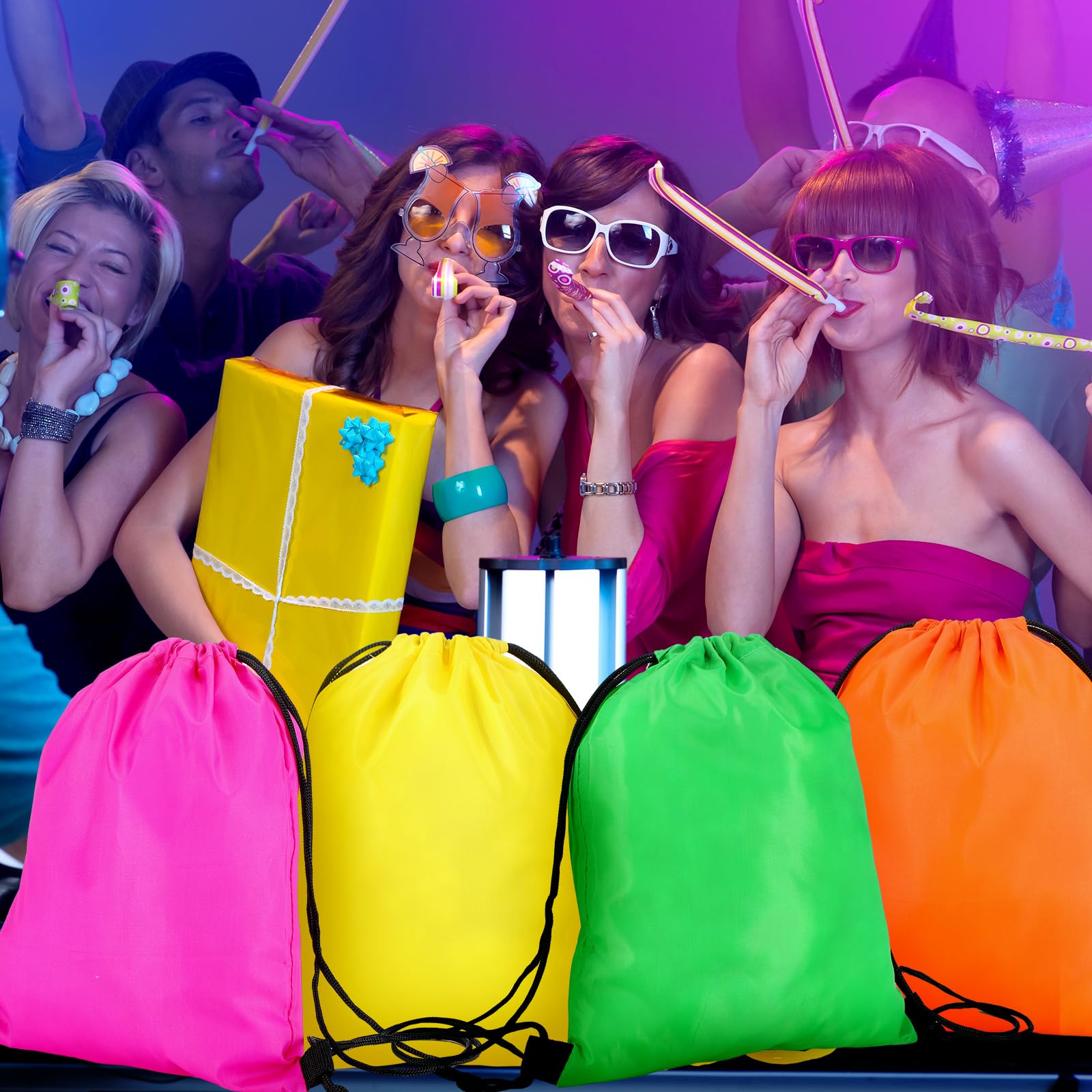 24-Piece Neon Party Drawstring Backpacks - Colorful Goodie Bags for Candy & Gifts (4 Vibrant Colors) - Perfect for Birthday Parties, Halloween, School Events & Festive Celebrations