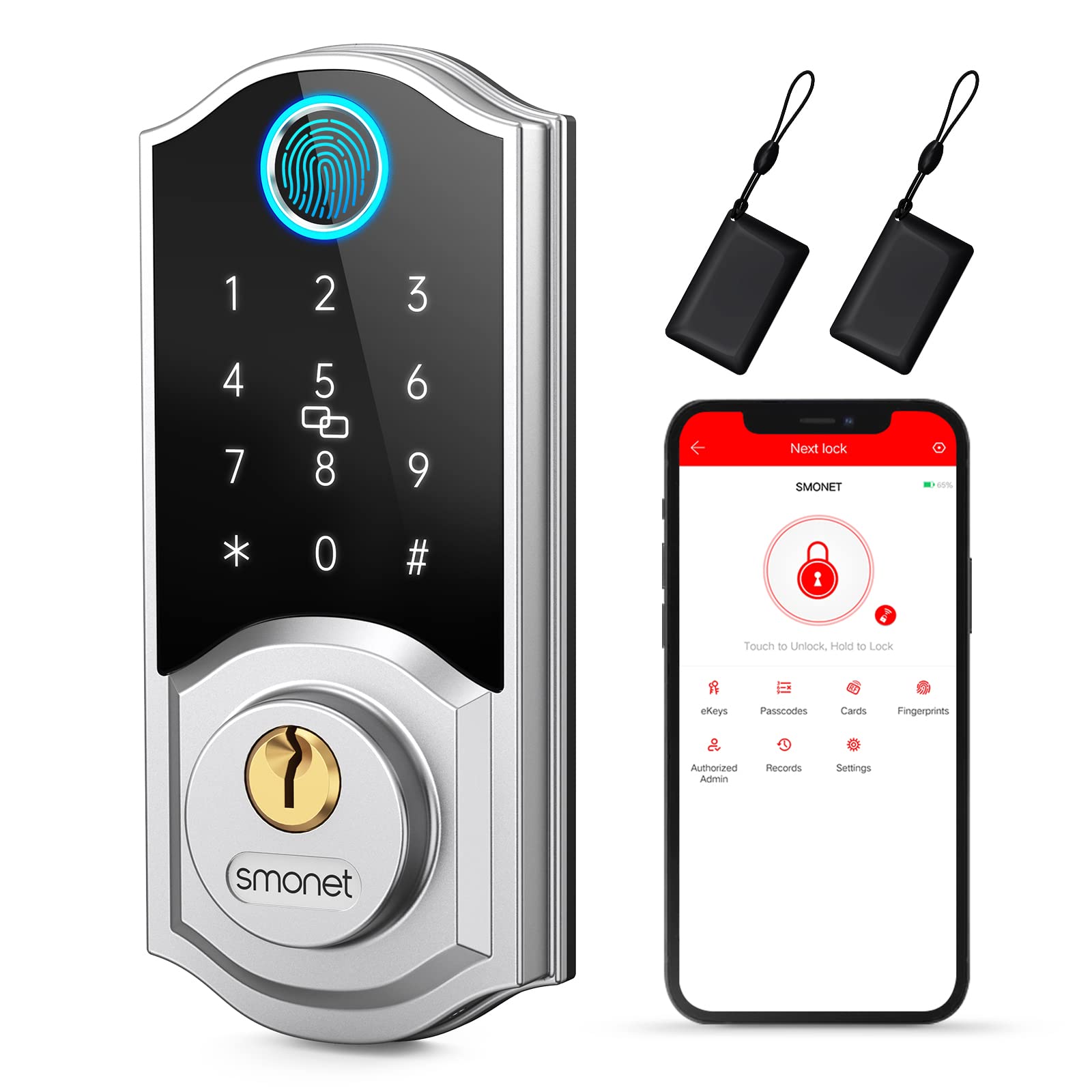 SMONET 8-in-1 Smart Deadbolt Keyless Entry Fingerprint Door Lock - Bluetooth Digital Front Door Lock with App Control & Passcode for Home Security | Perfect for Smart Homes, Apartments & Vacation Rentals