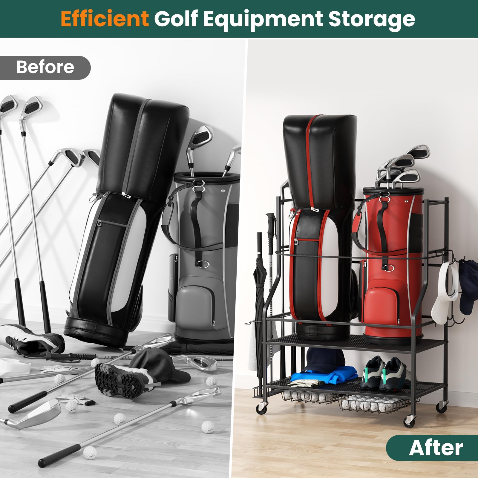 VOPEAK Golf Bag Stand & Organizer - Portable Golf Club Storage for Golf Balls & Equipment Accessories | Easy Assembly Golf Gear Organizer for Garage, Home & Golf Course Use