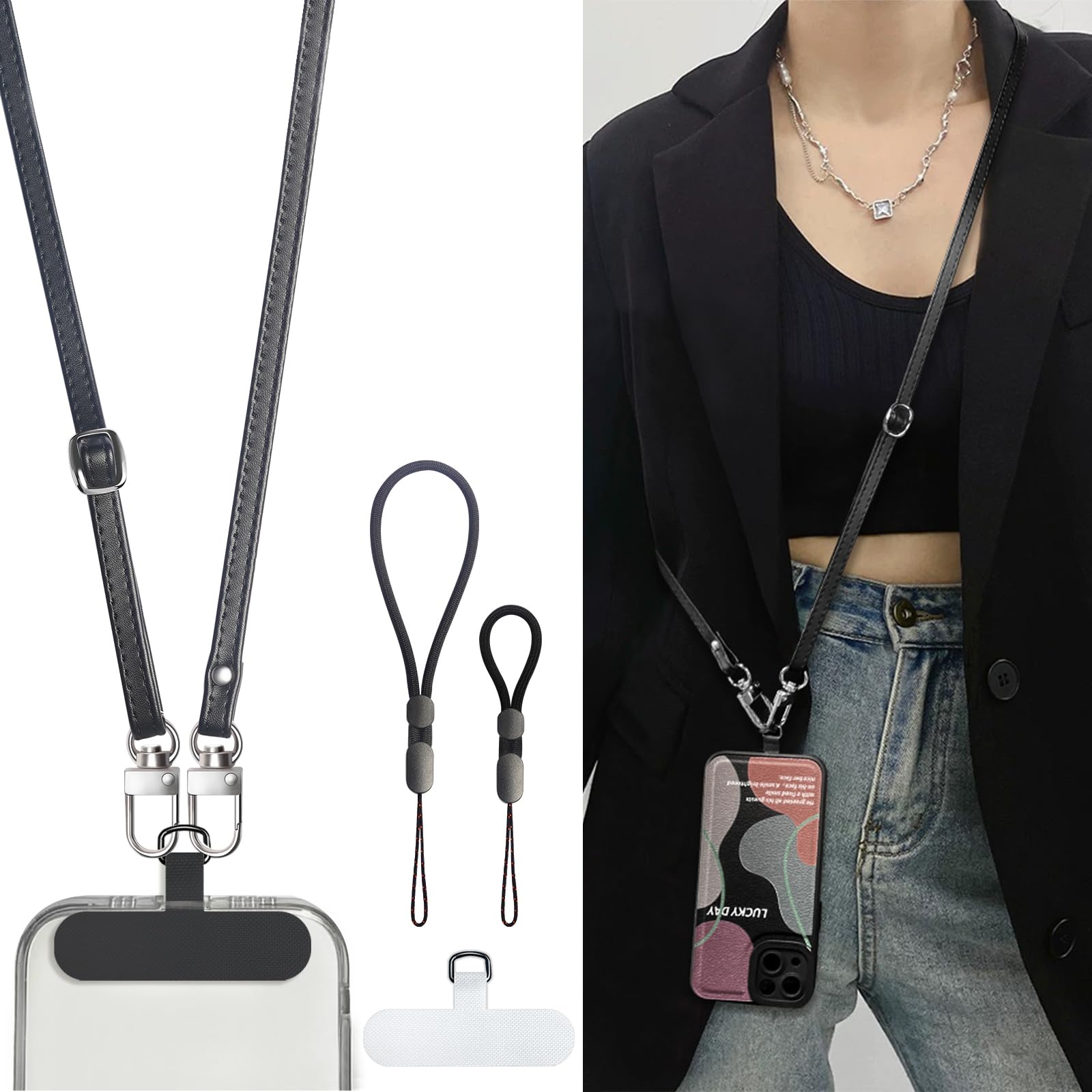 Adjustable Phone Crossbody Strap with Wrist & Finger Straps - for Smartphones (Black) - Perfect for Travel & Daily Use