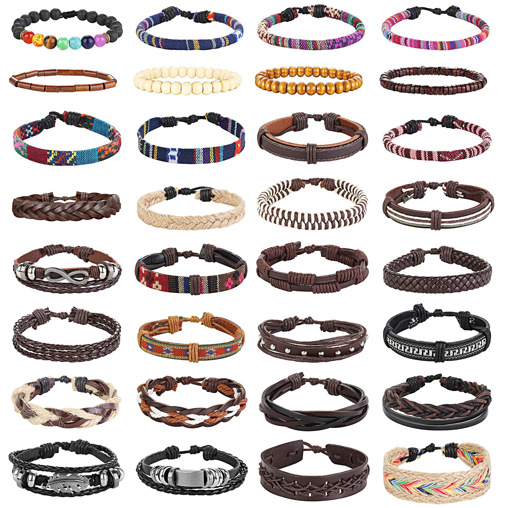 FIBO STEEL 10-32 Pcs Braided Leather Bracelets for Men & Women - Adjustable Cool Wrist Cuff Bracelet Set - Perfect for Casual Wear, Gifts & Fashion Accessories