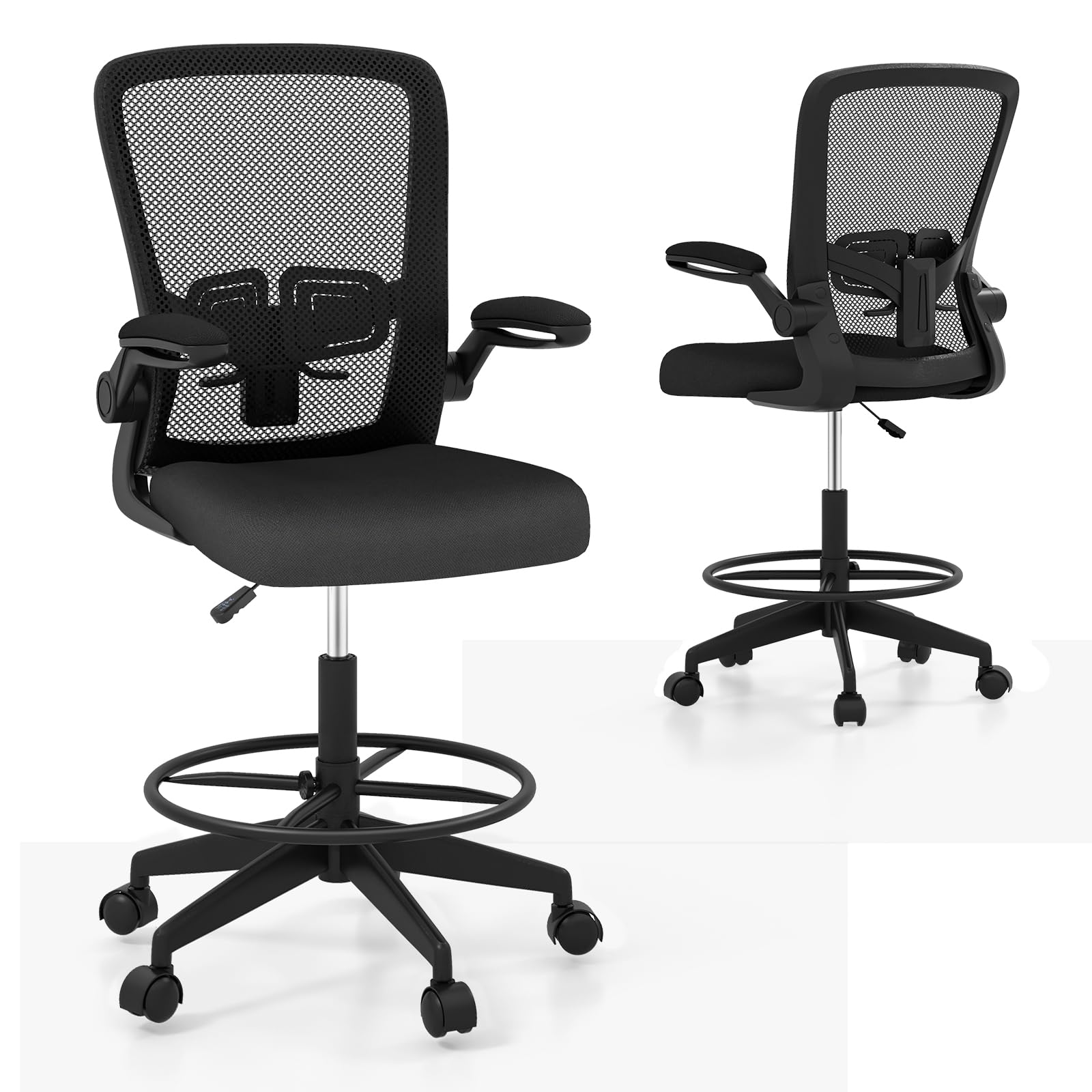 HAPPYGRILL Adjustable Height Drafting Chair with Armrests, Footrest & Lumbar Support - Ergonomic Standing Desk Chair for Home Office, Computer Work & Creative Studios (Black)