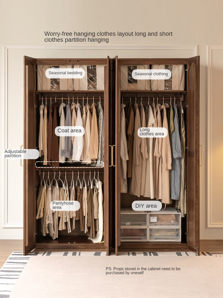 Vintage French Style Black Walnut Solid Wood Wardrobe - Classic Retro Closet for Bedroom & Living Room Storage
