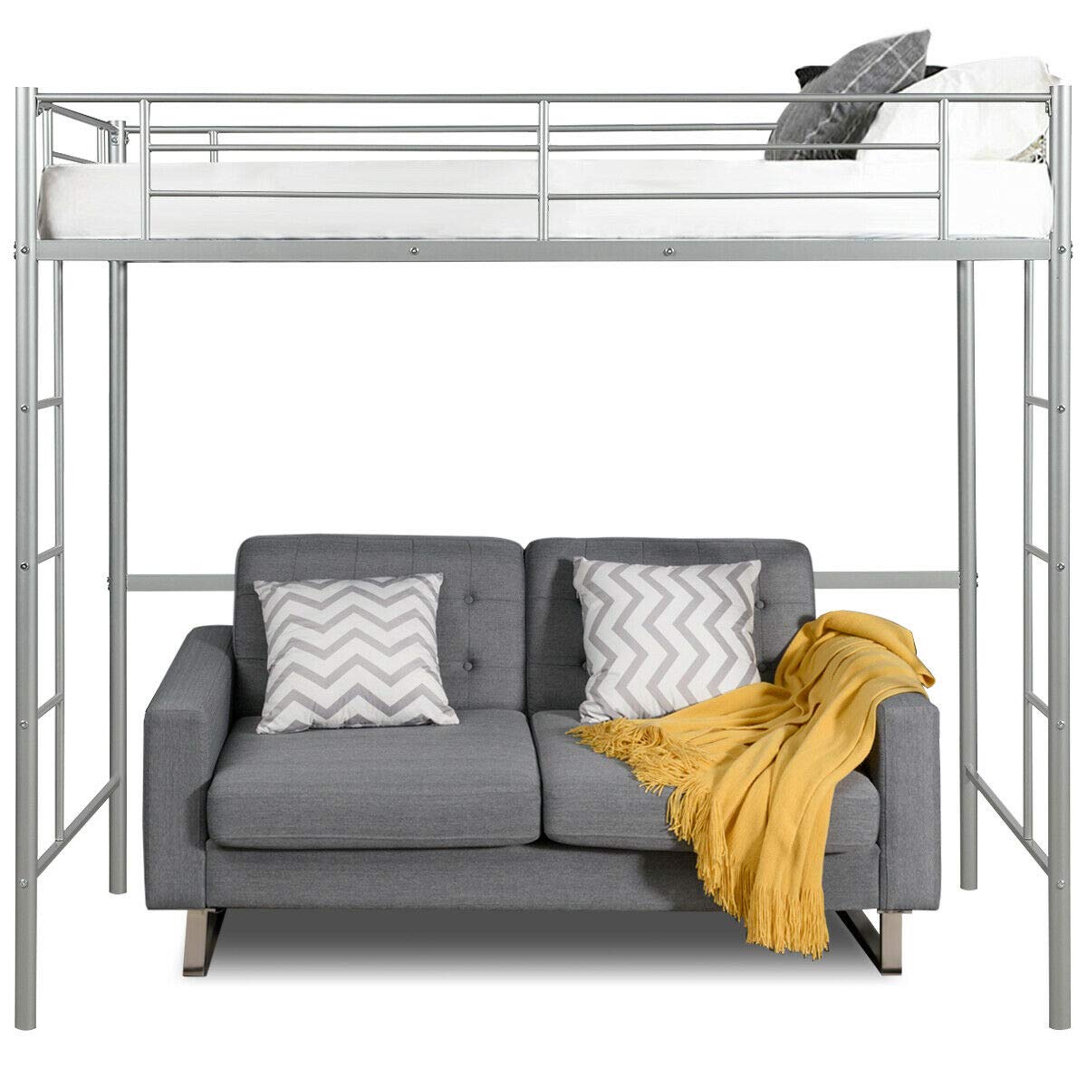 Modern Twin Loft Bed with Ladder - Sturdy Metal Frame in Silver Finish for Kids & Teens | Space-Saving Bunk Bed for Bedroom, Dorm, Studio Apartment | Perfect with Study Desk, Play Area or Storage Underneath