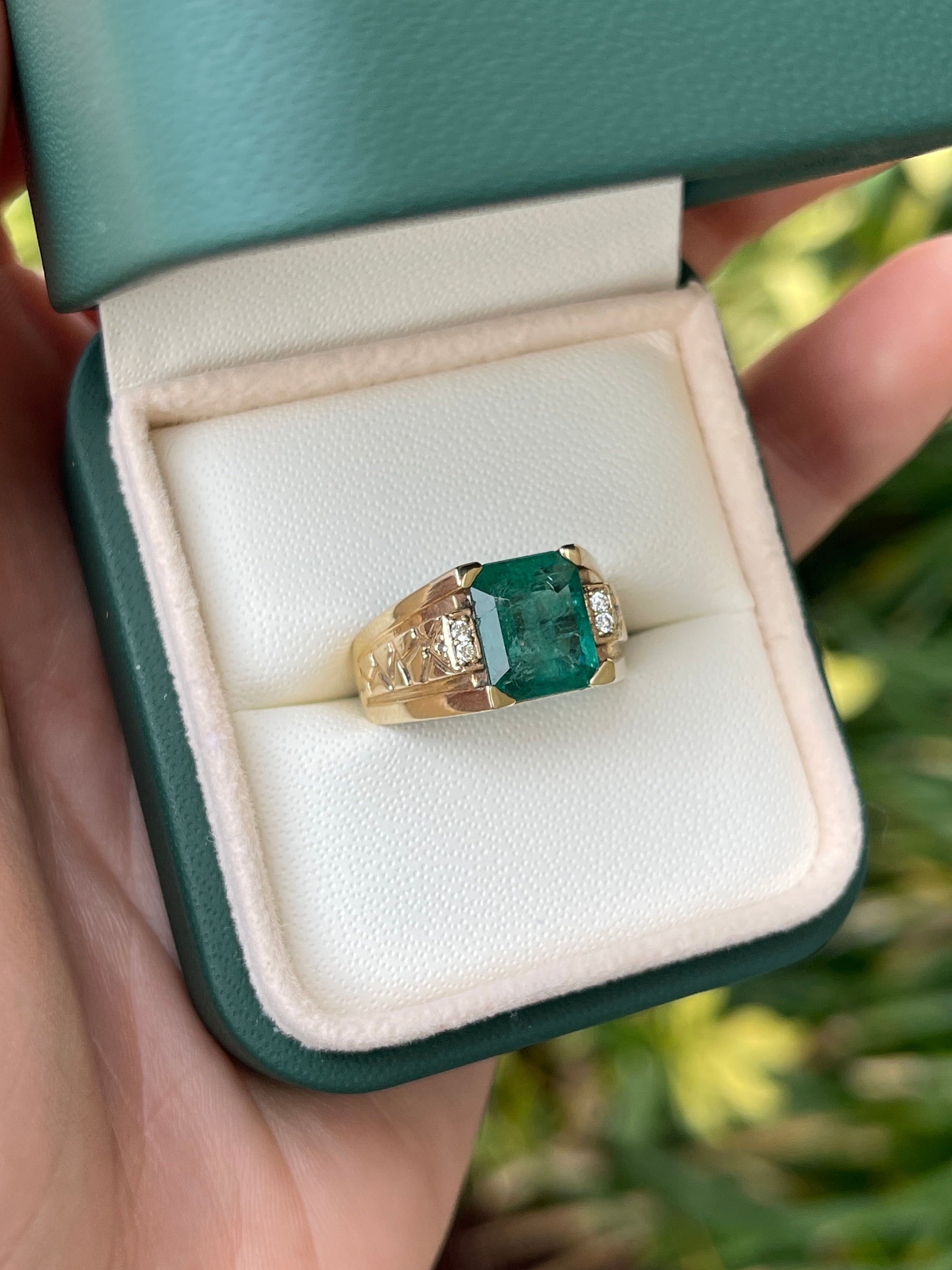 3.31 Carat Total Weight (TCW) 14K Gold Natural Emerald and Diamond Men's Statement Ring for Weddings, Gifts & Special Occasions