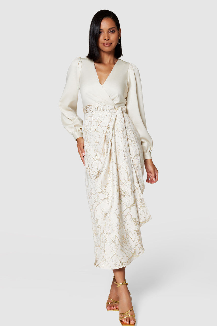 AMY PENCIL WRAP DRESS for Women - Cream & Gold Floral Print, Slim Fit Bodycon Midi Dress - Perfect for Office, Date Night & Special Occasions