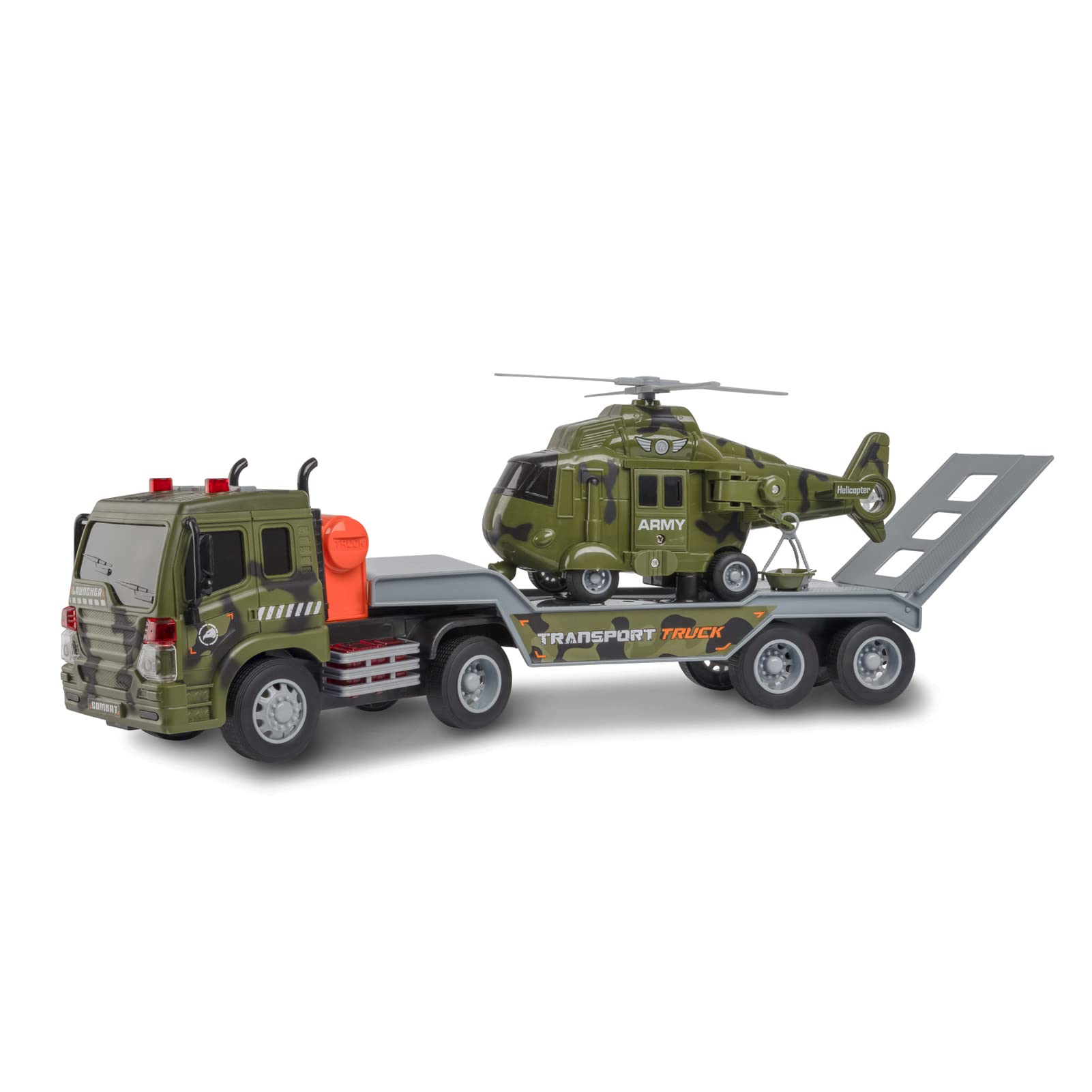 Big Military Truck Toy Set with Army Helicopter & Trailer - Friction Powered, Lights & Sounds for Boys | Battlefield Adventure & Outdoor Play