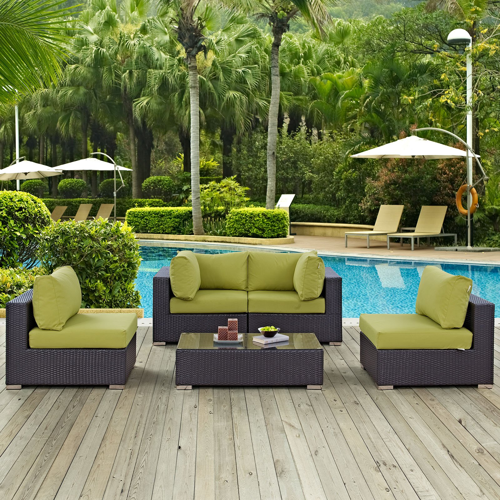 Modway Convene 5-Piece Wicker Rattan Outdoor Patio Furniture Set - Espresso & Peridot Color - Perfect for Backyard, Garden, Poolside or Terrace Relaxation