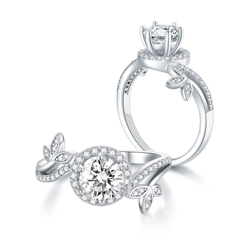 1.38 Carat Halo Moissanite Engagement Ring for Women - Platinum Plated Sterling Silver Wedding Band, Anniversary Gift, Promise Ring for Brides, Proposals & Special Occasions
