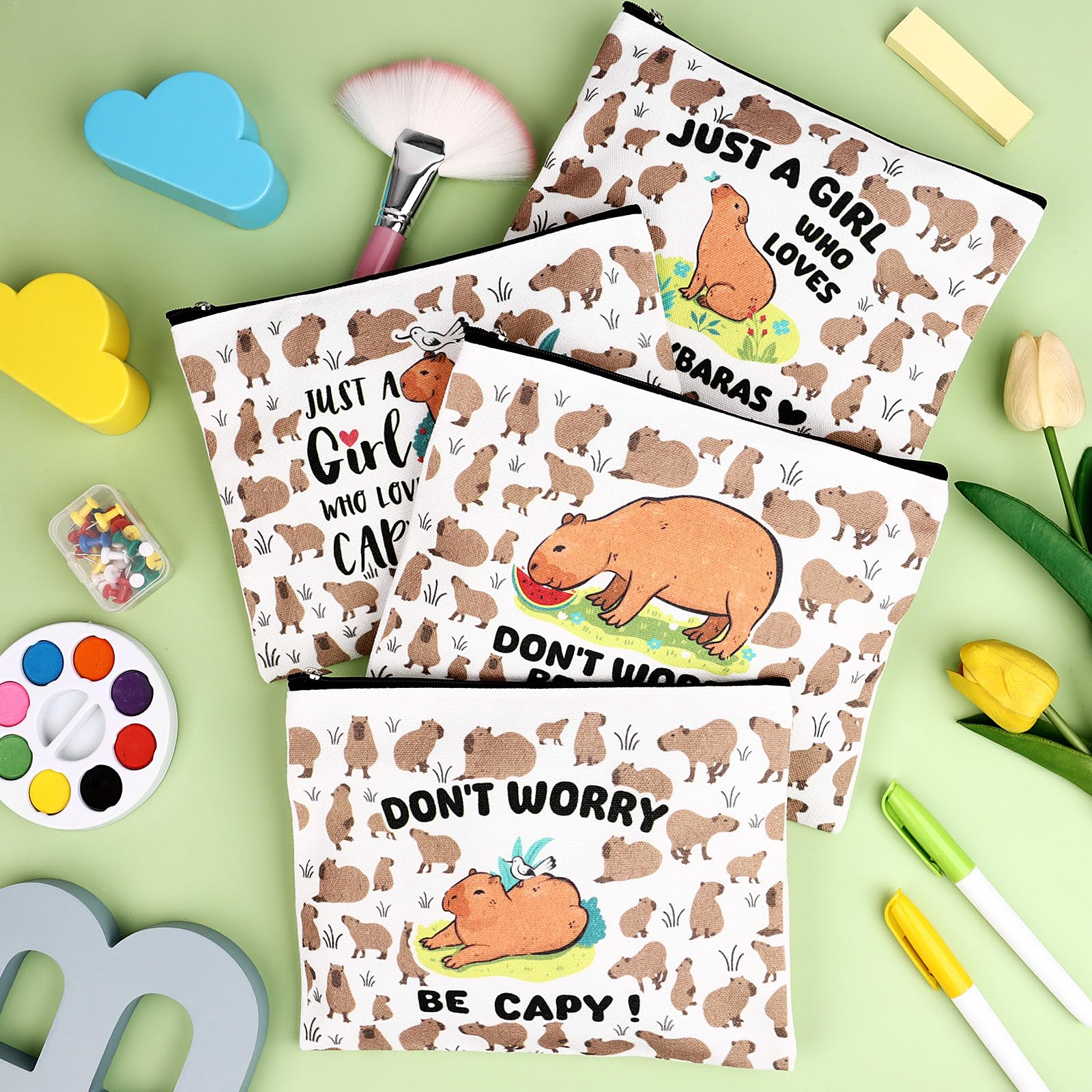 4PCS Kawaii Capybara Makeup Bags - Waterproof Canvas Cosmetic Organizer with Zipper for Travel, Toiletries & Jewelry Storage - Perfect Gift for Women, Girls (Birthday, Graduation, Friendship) - Cute Capybara Lover Accessories for Daily Use & Gifting