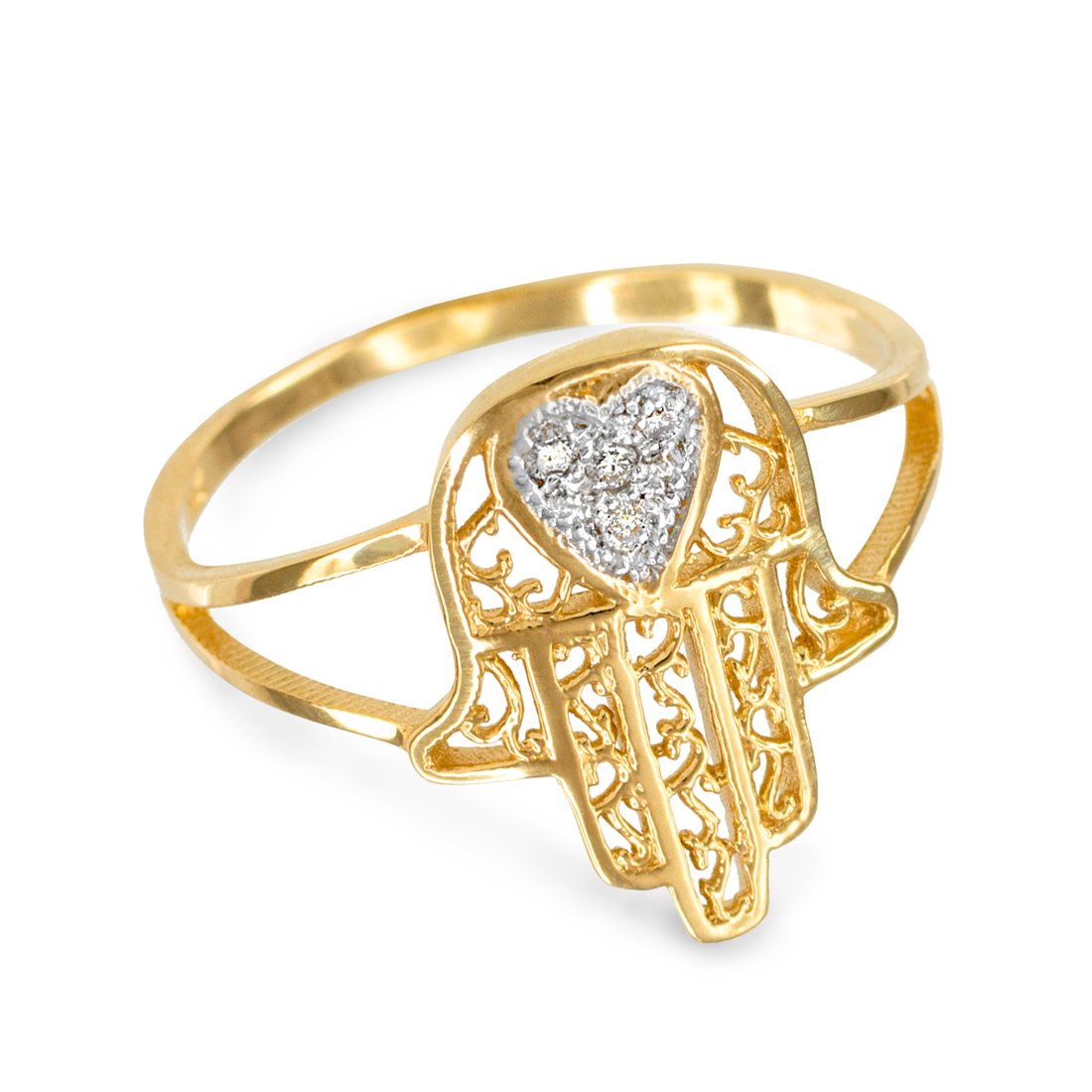 10K Yellow Gold Filigree Diamond Hamsa Pave Heart Ring for Women - Elegant Jewelry Gift for Valentine's Day, Anniversary & Special Occasions