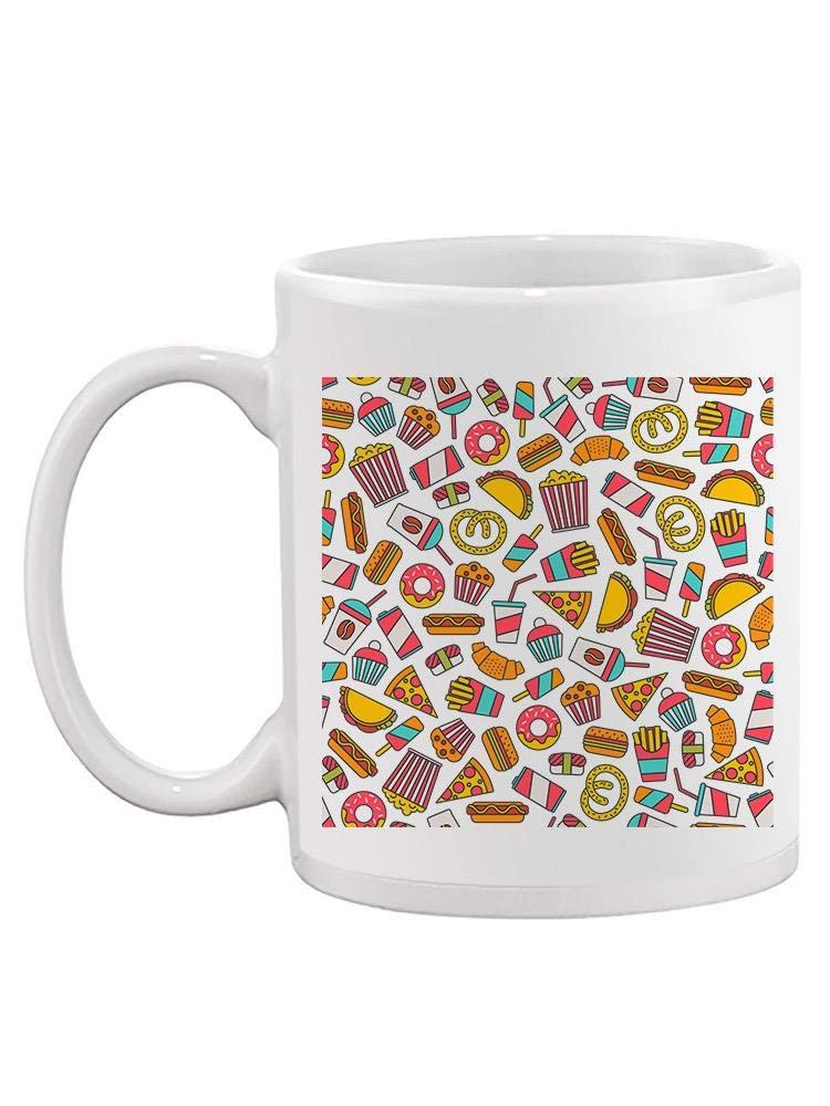 Fast Food Icons Coffee Mug - Seamless Design Ceramic Cup for Men & Women - Perfect for Office, Home Use & Gifts (White)