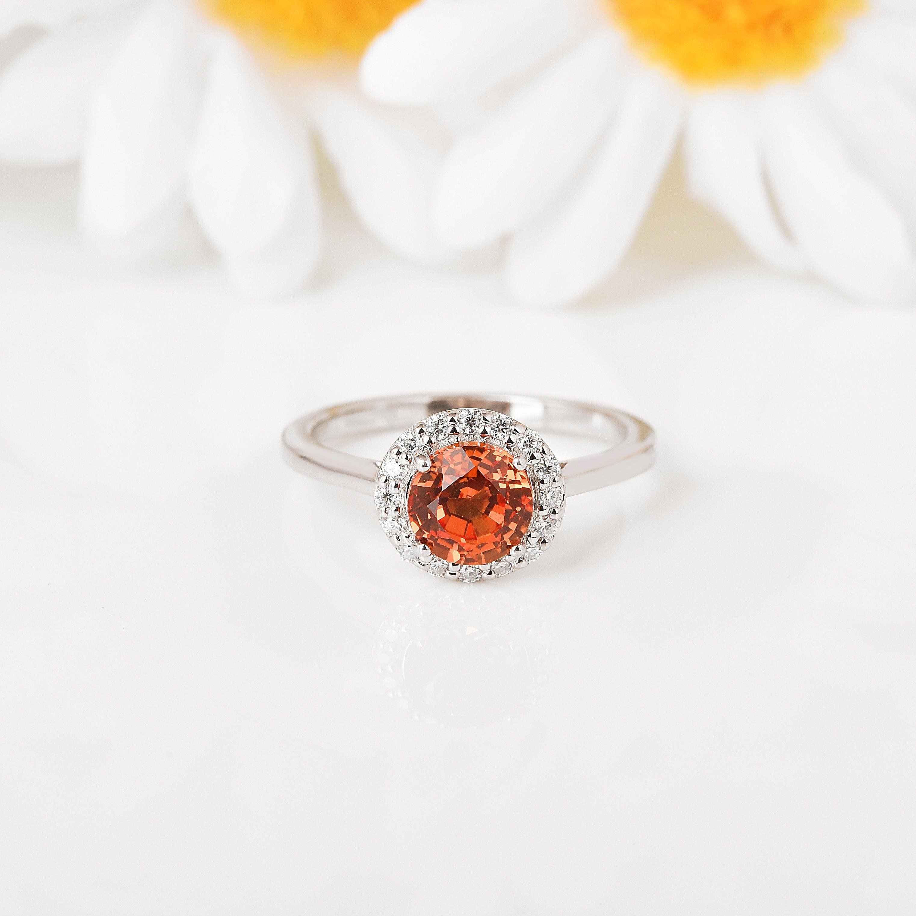 Exquisite Peach Sapphire Round Halo Engagement Ring - 14K Gold Vintage Wedding Band for Women, Perfect for Proposals, Anniversaries & Romantic Occasions