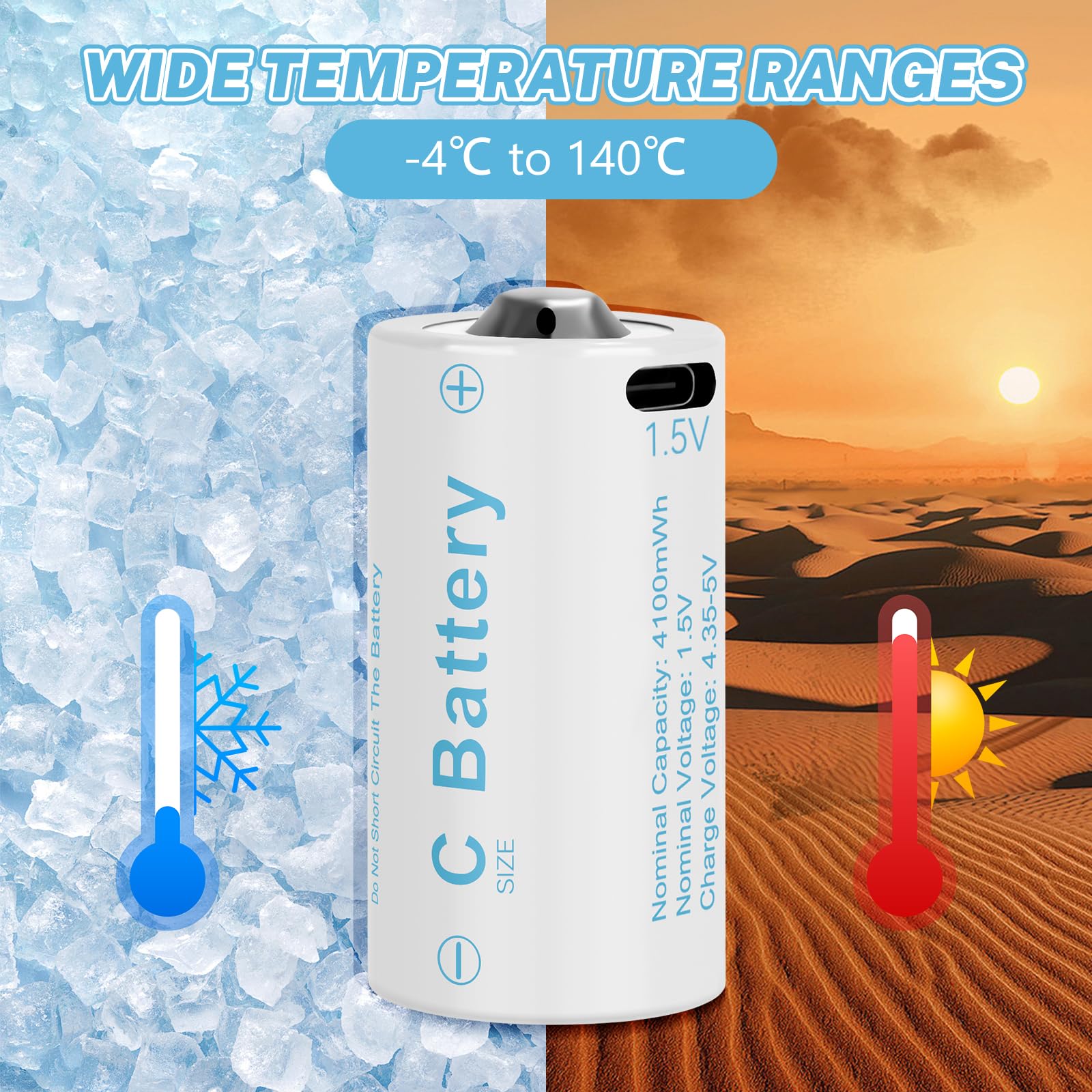 Rechargeable C Batteries 4 Pack - 4100mWh 1.5V Lithium LR14 Batteries with USB-C Charging | Long Lasting Power for Toys, Flashlights, Flood Lights & Emergency Devices