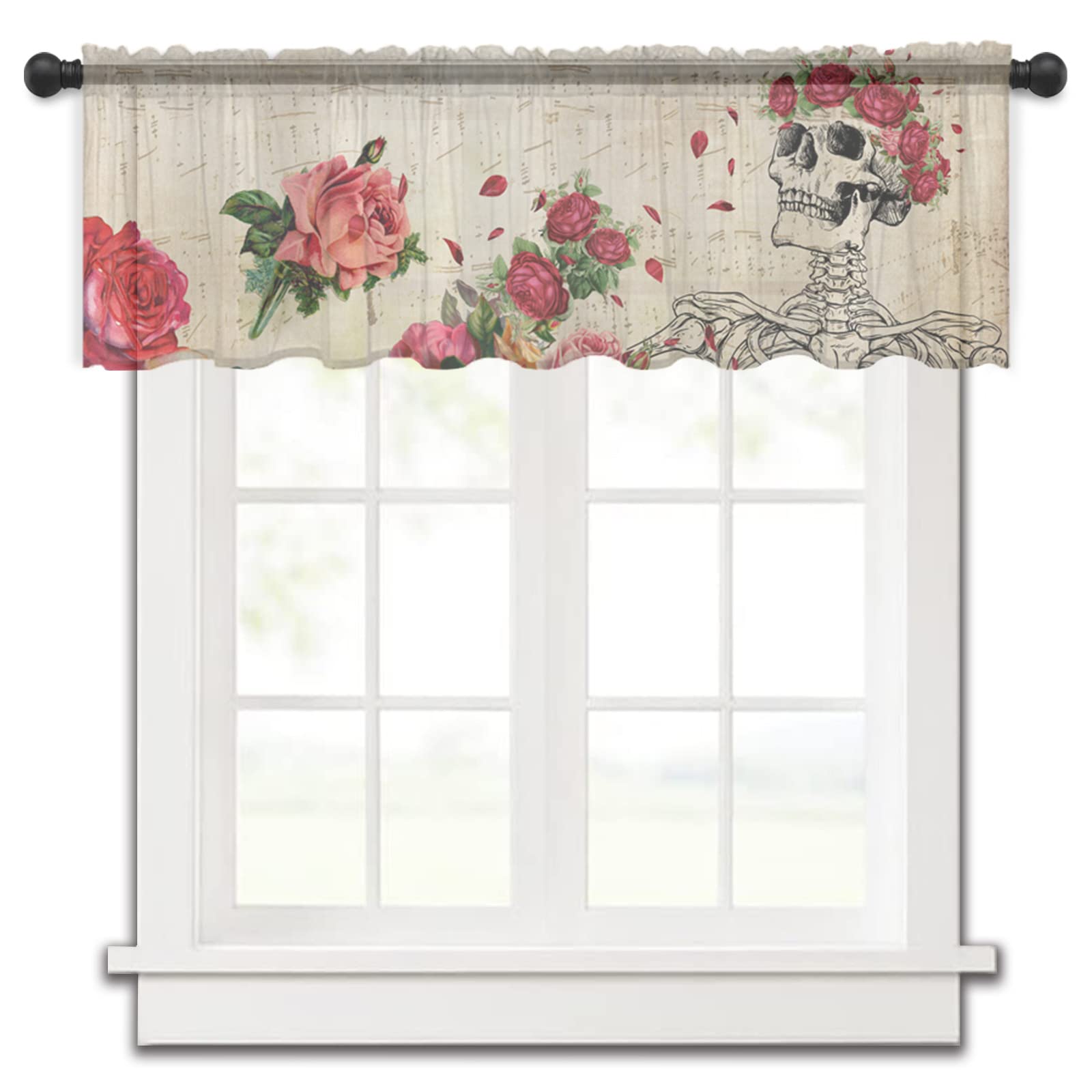Edwiinsa Sheer Curtain Valance - Skeleton Rose & Sheet Music Semi-Sheer Chiffon Window Drape with Rod Pocket, 54x18 Inches, Retro Hand-Drawn Illustration - Perfect for Bedroom, Kitchen & Living Room Windows