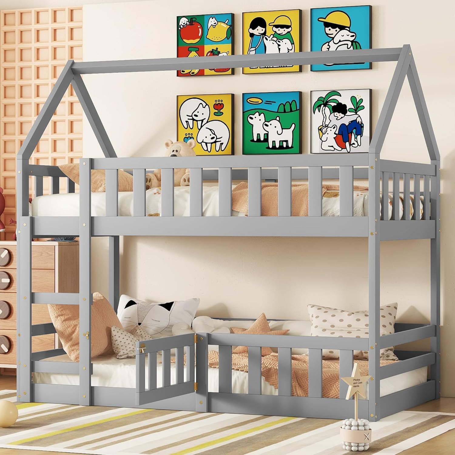 MERITLINE Twin Over Twin Wooden Bunk Bed with Safety Fence & Door, Loft Bed with Roof for Kids - Easy Assembly, Grey - Perfect for Small Bedrooms, Kids' Dormitories & Space-Saving Home Decor