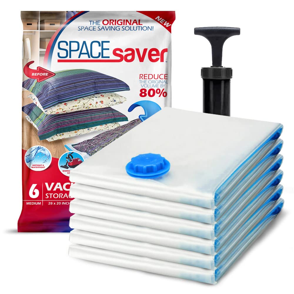 Spacesaver Vacuum Storage Bags Medium 6 Pack - Vacuum Seal Bags for Clothes, Comforters, Blankets & Bedding Storage - 28 x 20 Inch Space Saving Bags for Travel, Home Organization & Seasonal Storage with Hand Pump Included - Perfect for Closet Organization, Moving & Space Saving Solutions